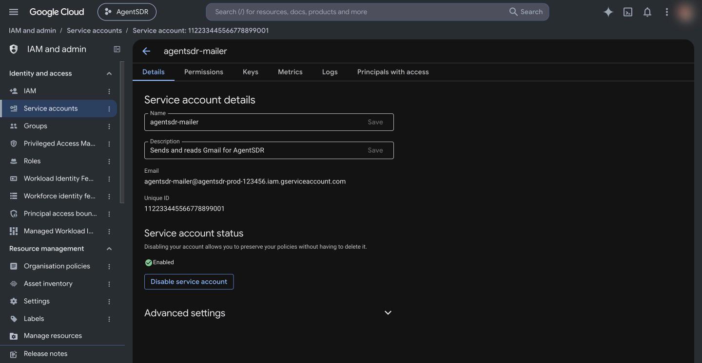 Service account Details tab showing the email and the Unique ID