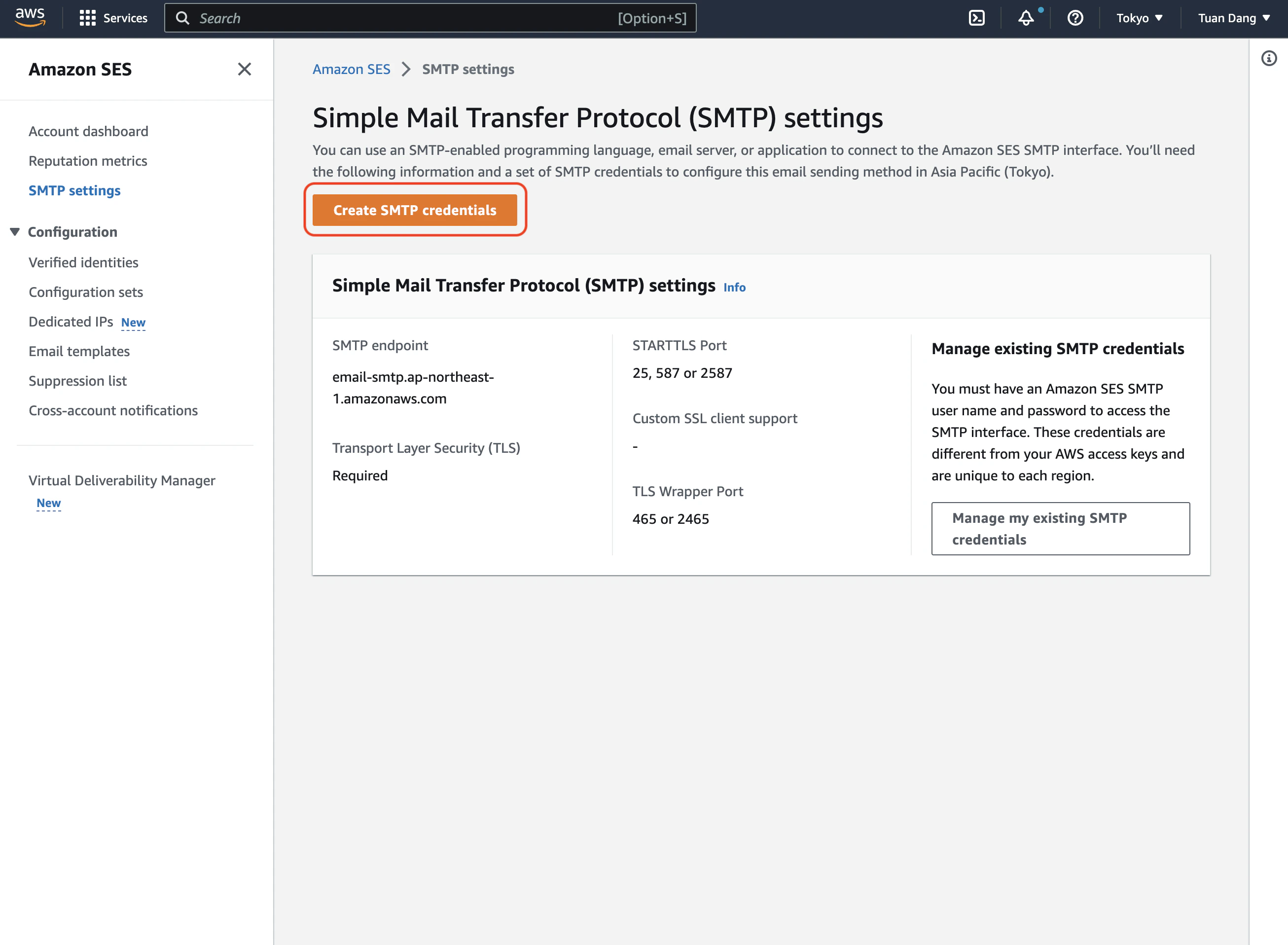 opening AWS SES console