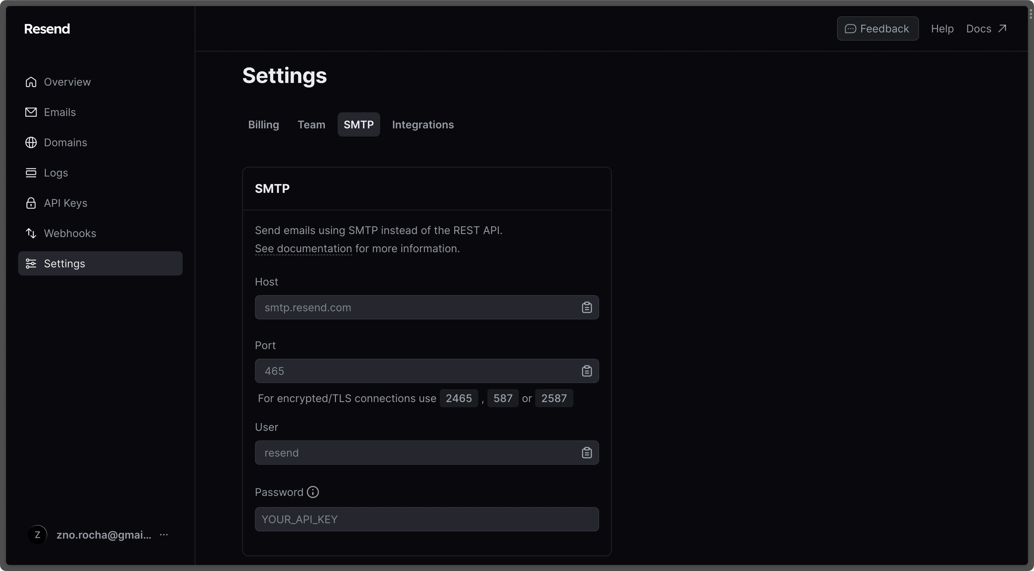 Resend SMTP settings