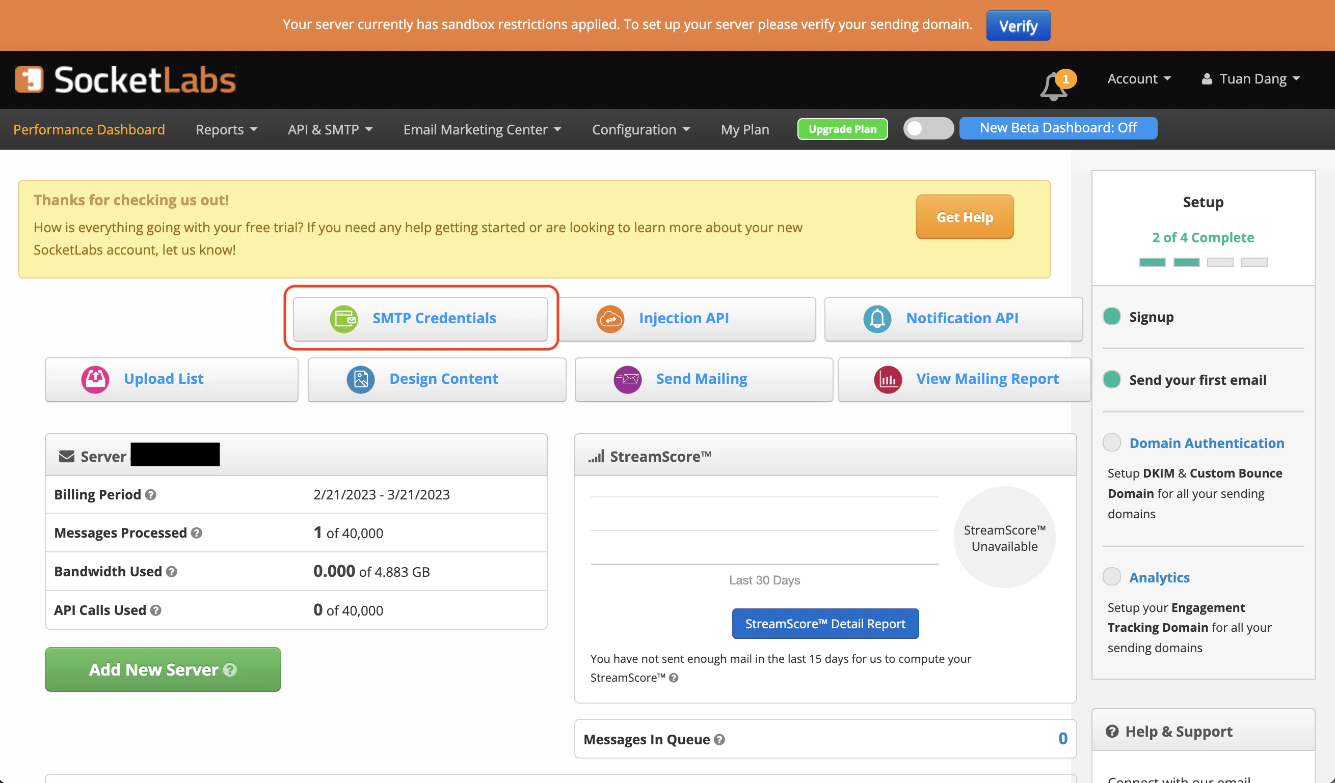 opening SocketLabs dashboard