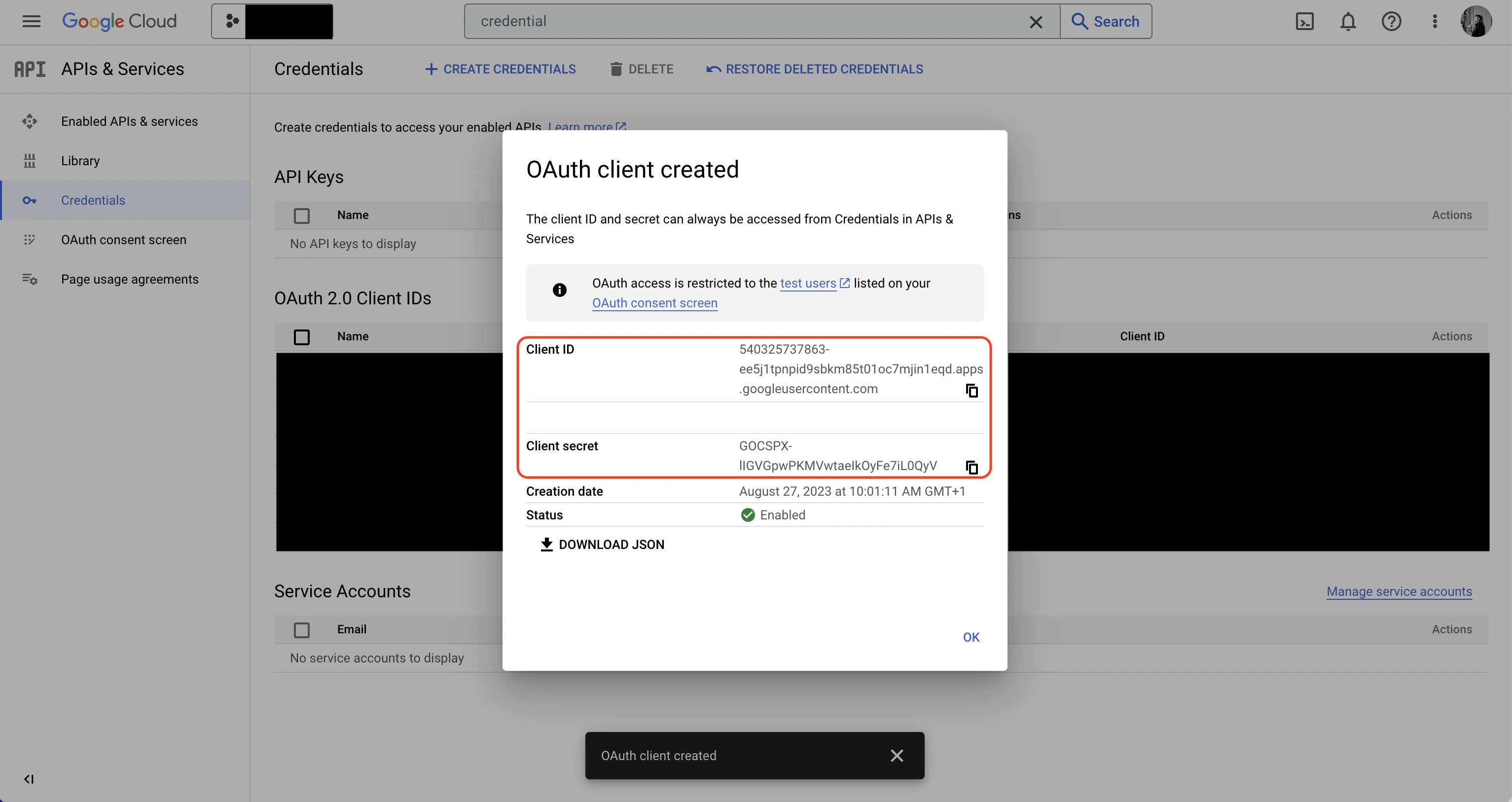 GCP OAuth credentials