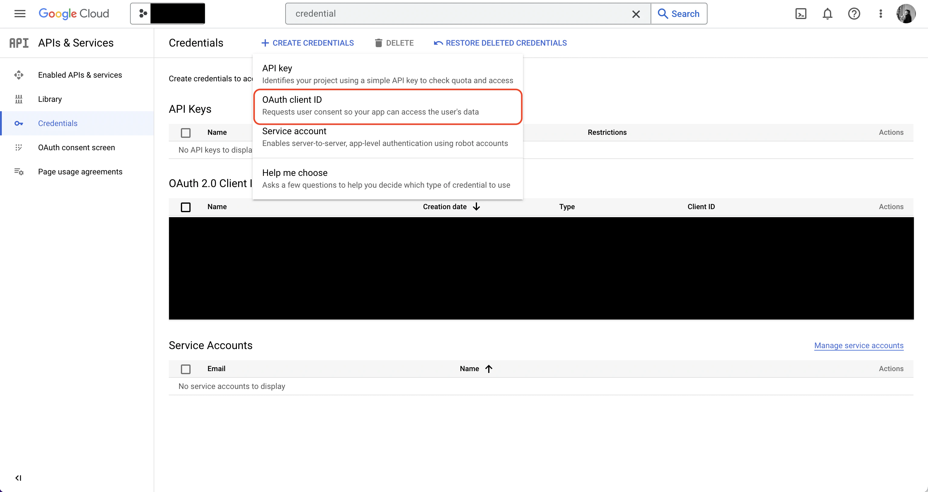 GCP create new OAuth client ID