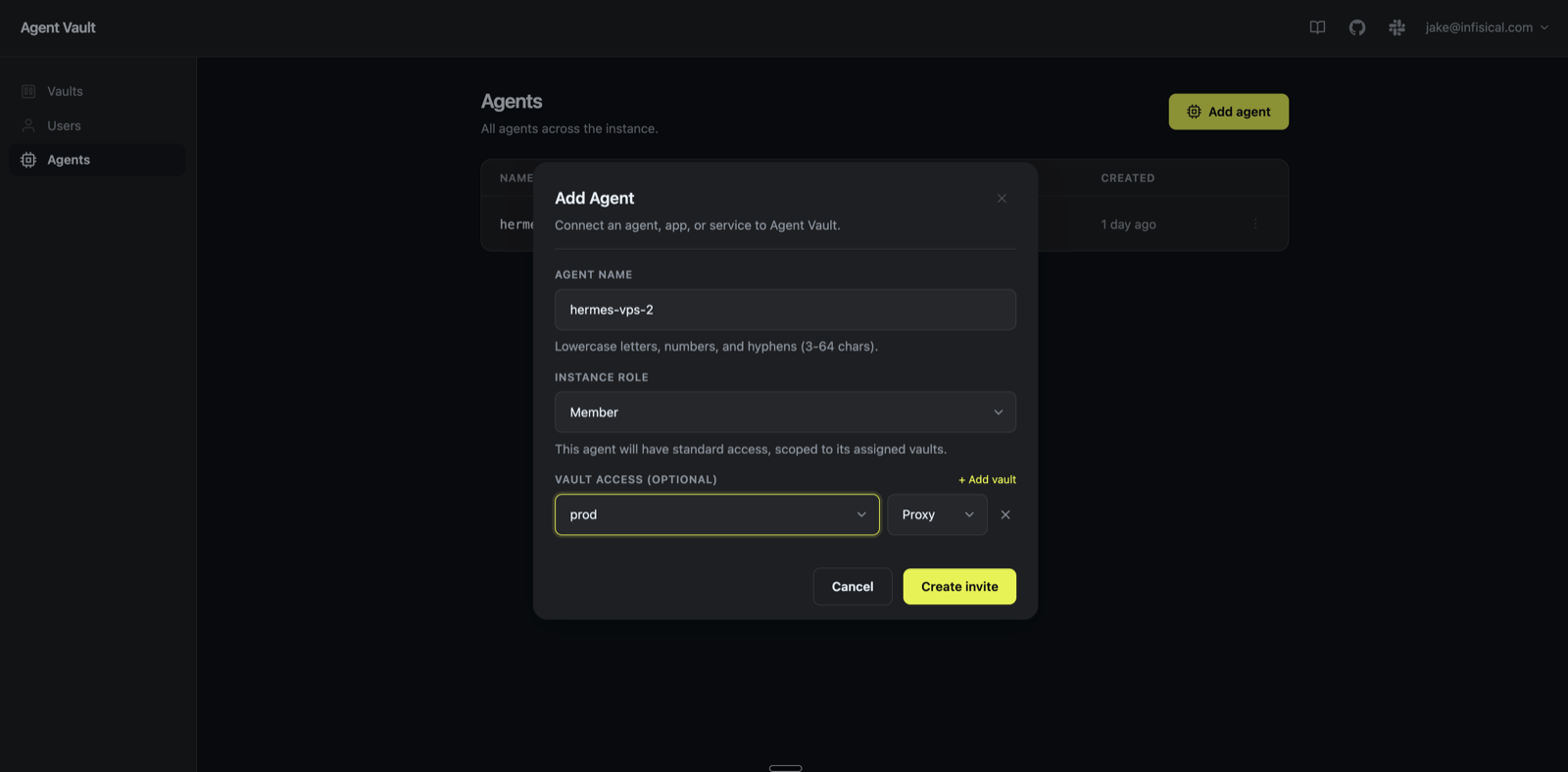 Add Agent modal with hermes-vps name and prod vault assignment