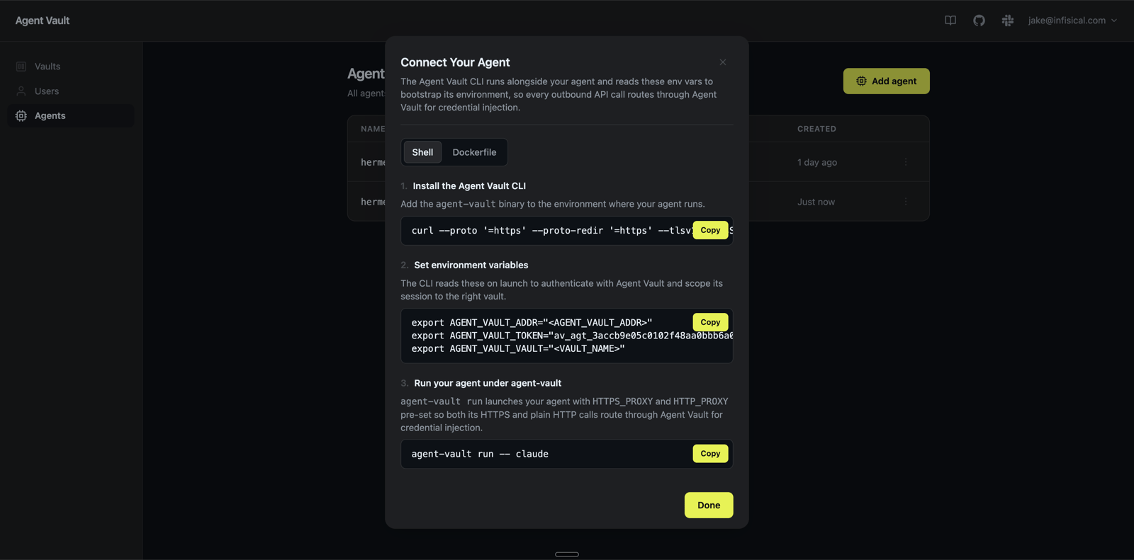 Connect Your Agent modal with the three-line export snippet