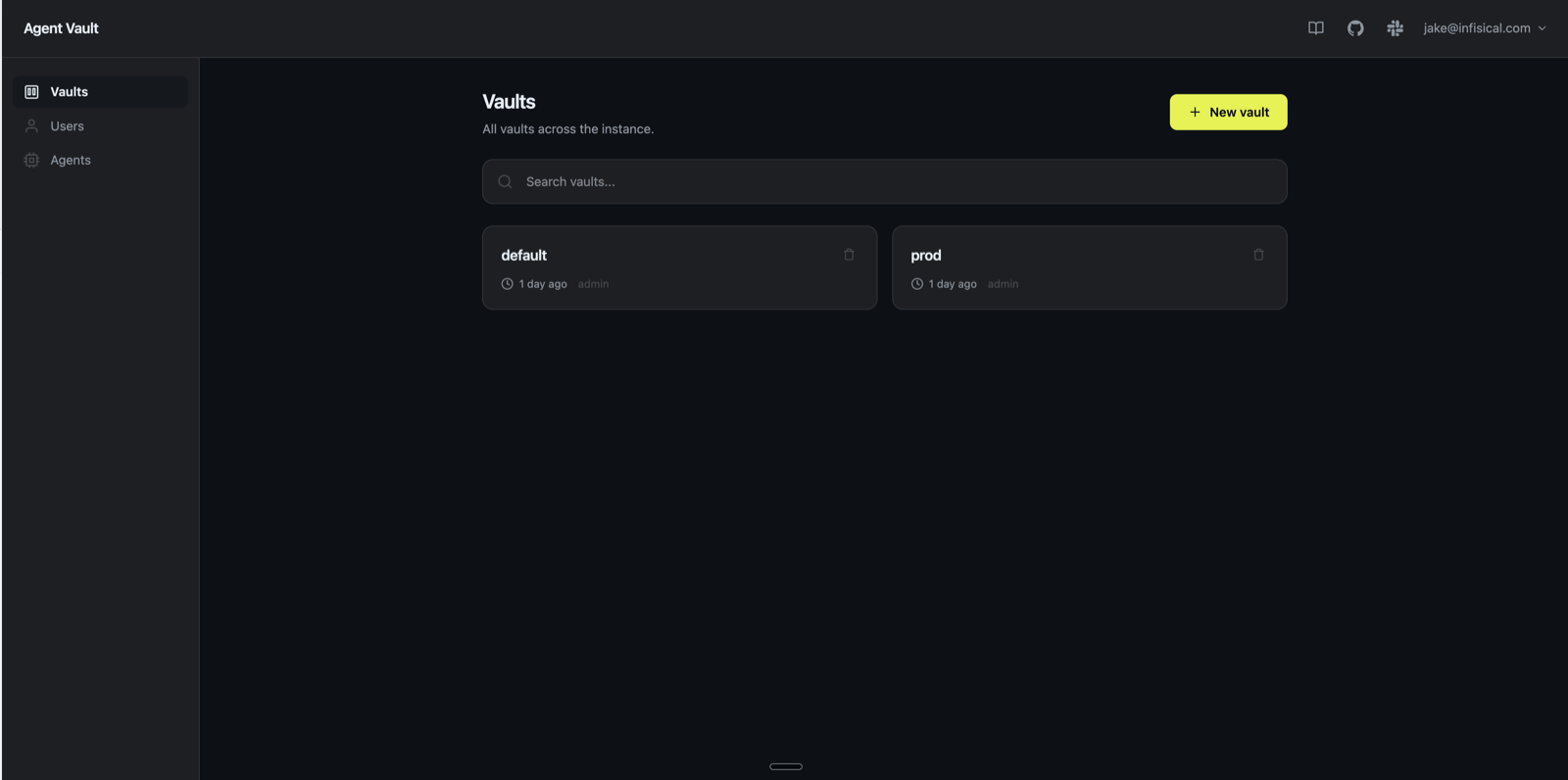 Agent Vault UI showing the prod vault