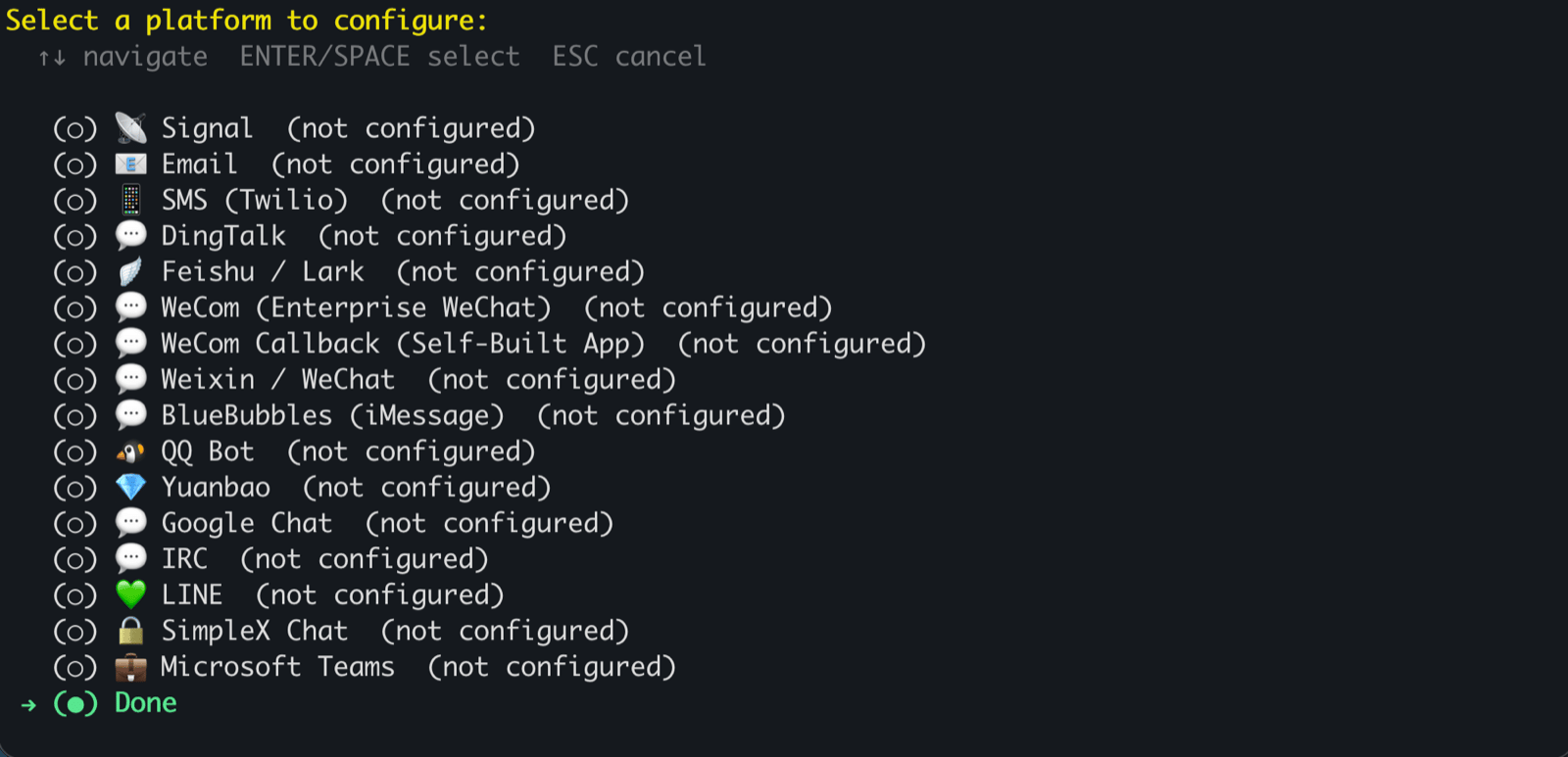Hermes gateway wizard platform list with Done at the bottom