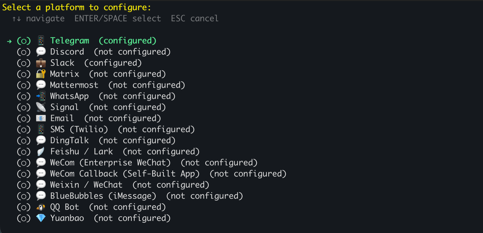 Hermes gateway wizard platform list with Telegram shown as configured
