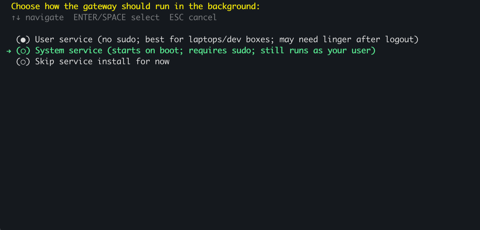Hermes gateway wizard service-type prompt with System service selected