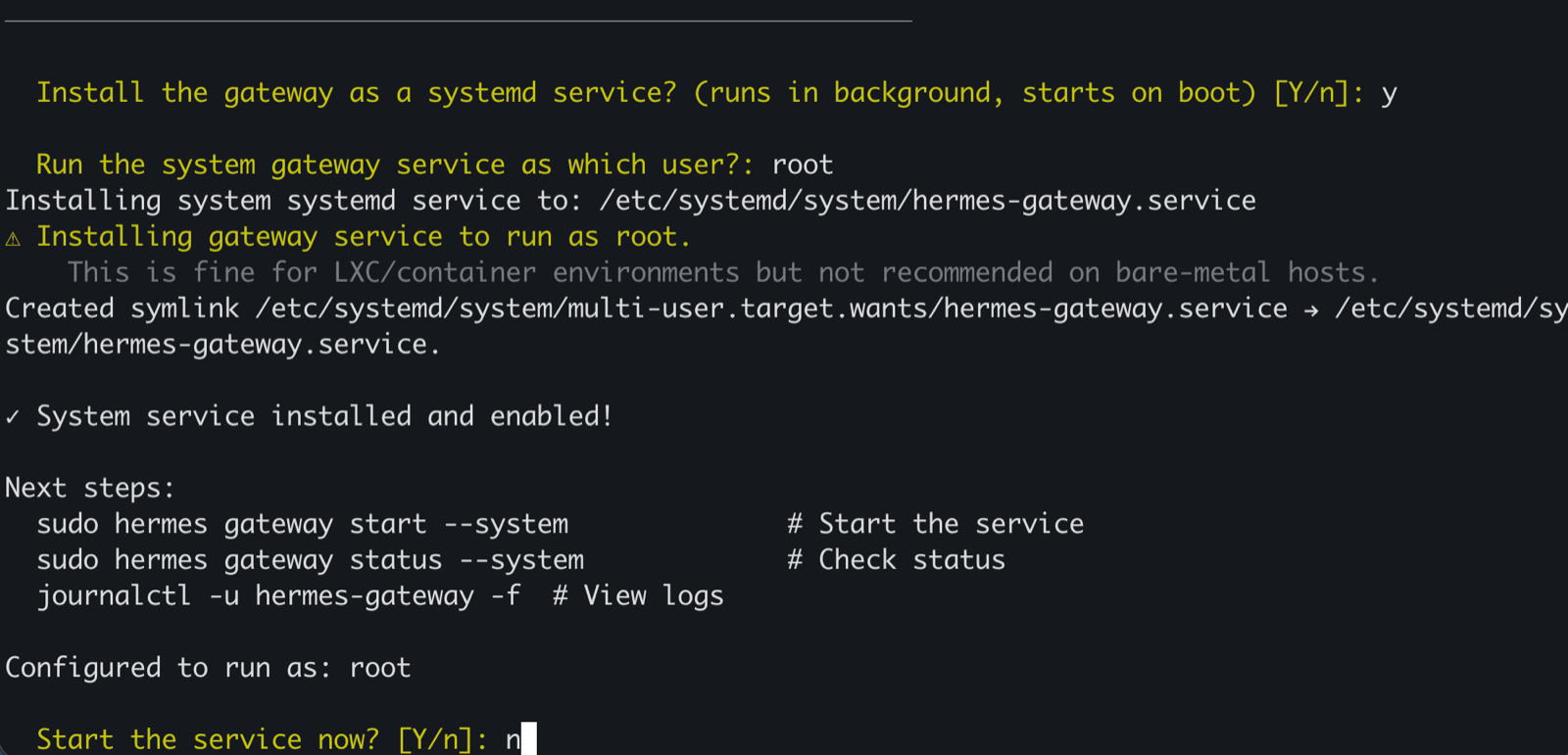 Hermes gateway wizard start-now prompt with No selected