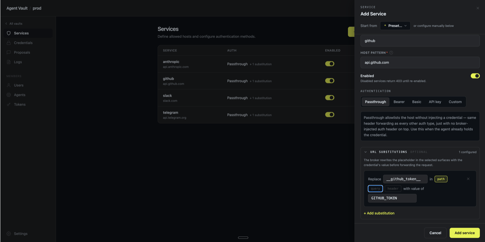 Add Service side panel with the URL Substitutions form open