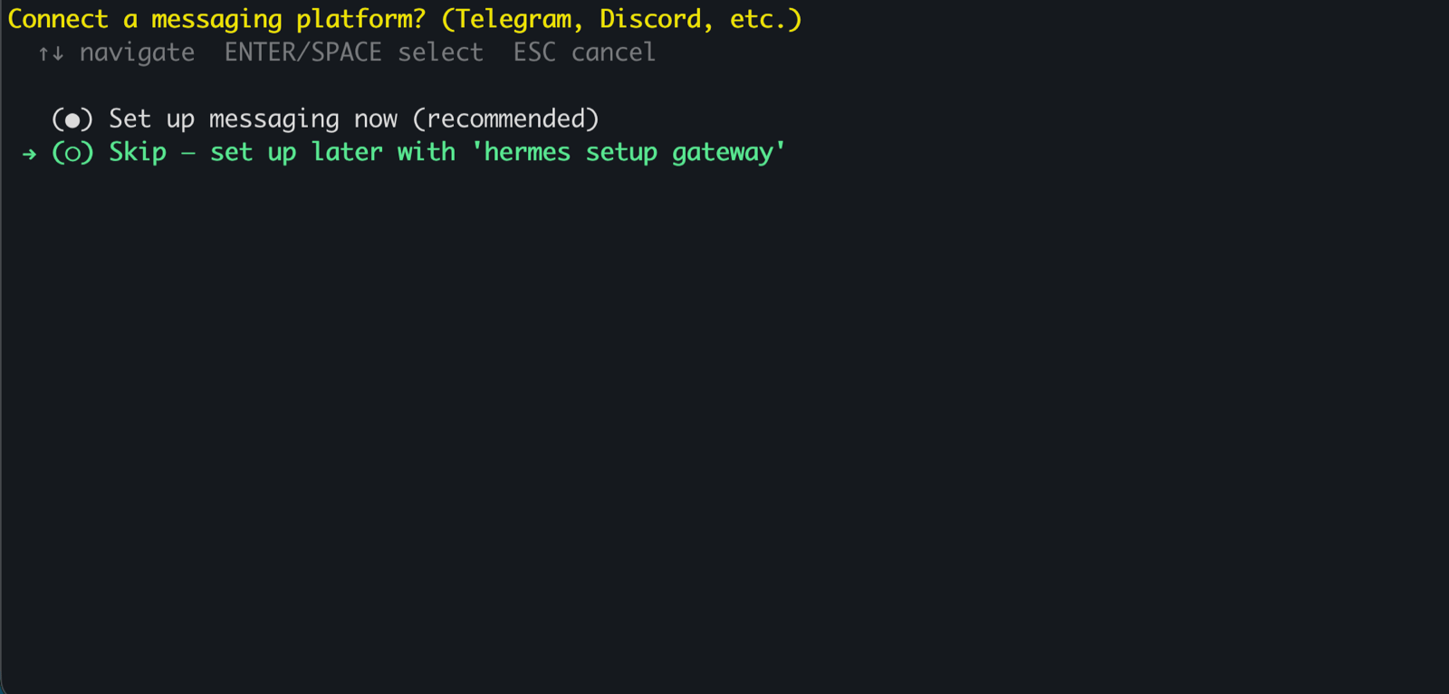 Hermes messaging platform prompt with Skip selected