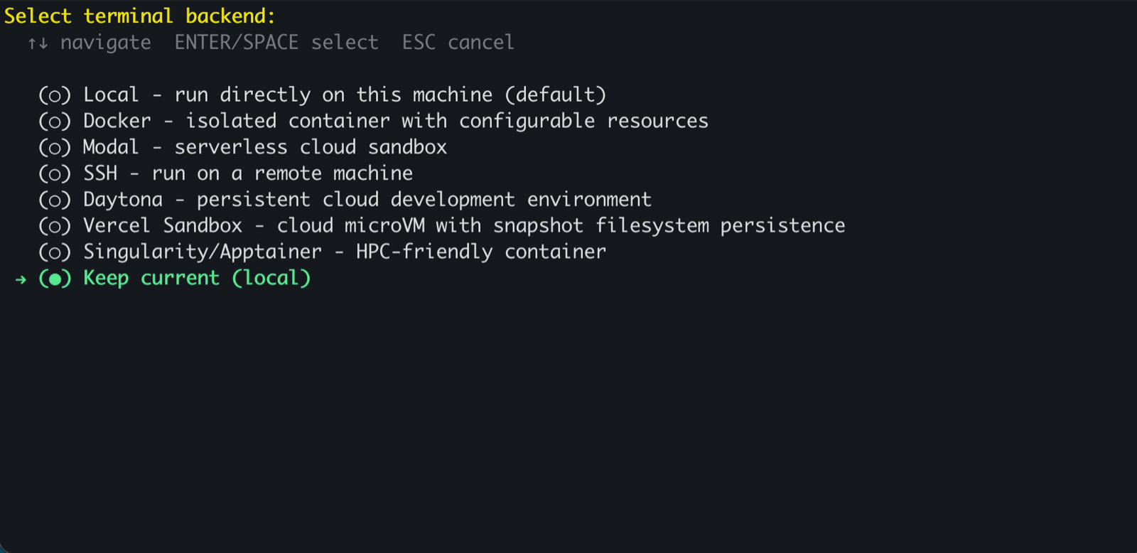 Hermes terminal backend list with Keep current local selected