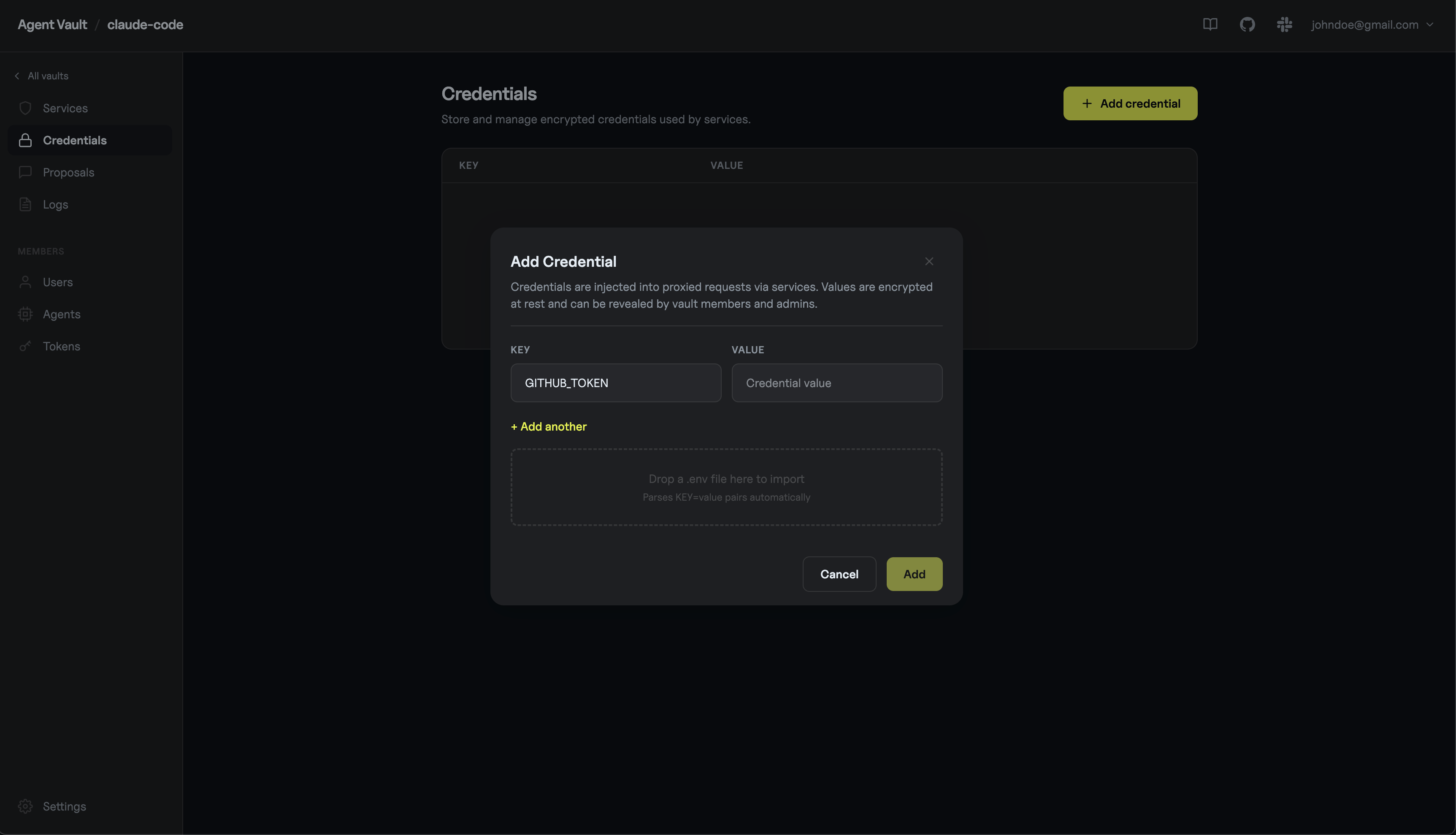 Add Credential form with key GITHUB_TOKEN