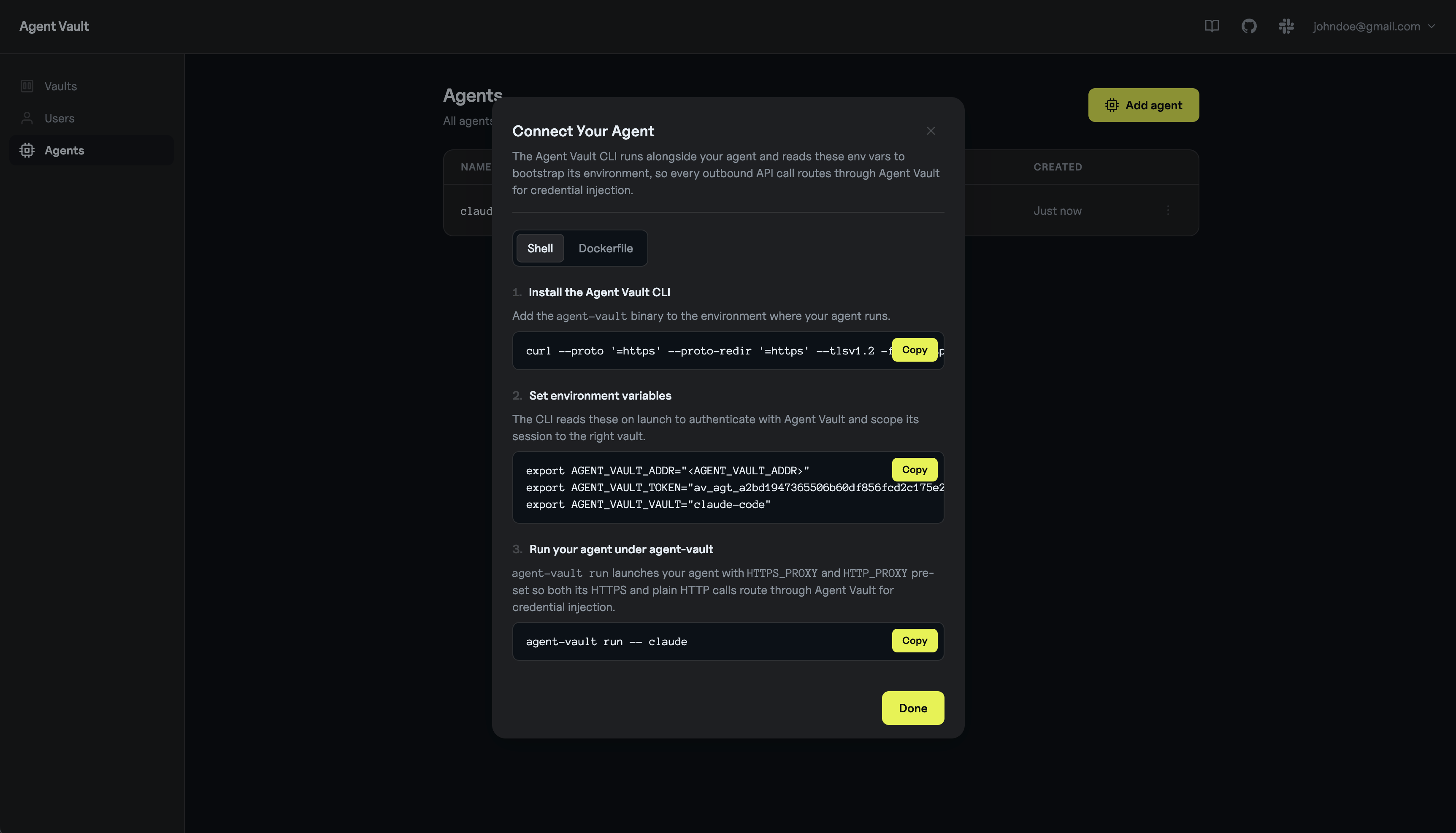 Connect Your Agent modal showing the env var export block and the agent token