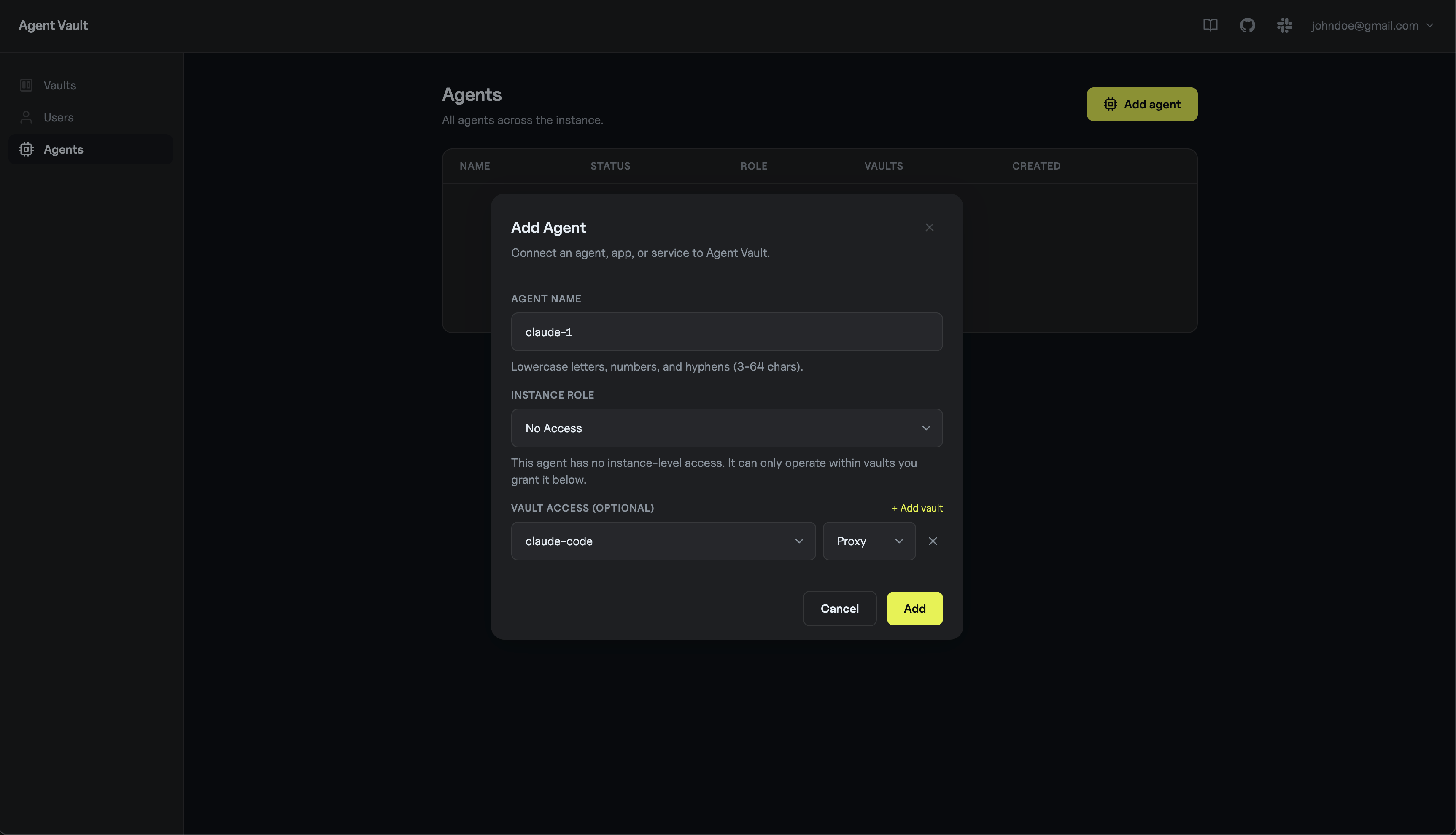 Add Agent form with name claude-1 and proxy access to the claude-code vault