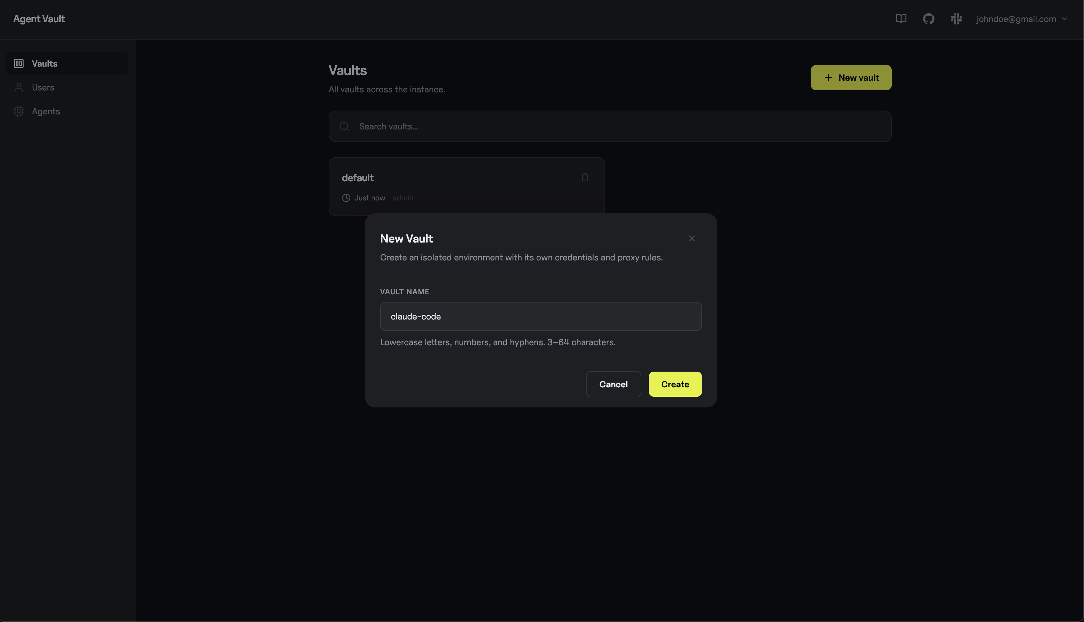 New vault dialog with name claude-code
