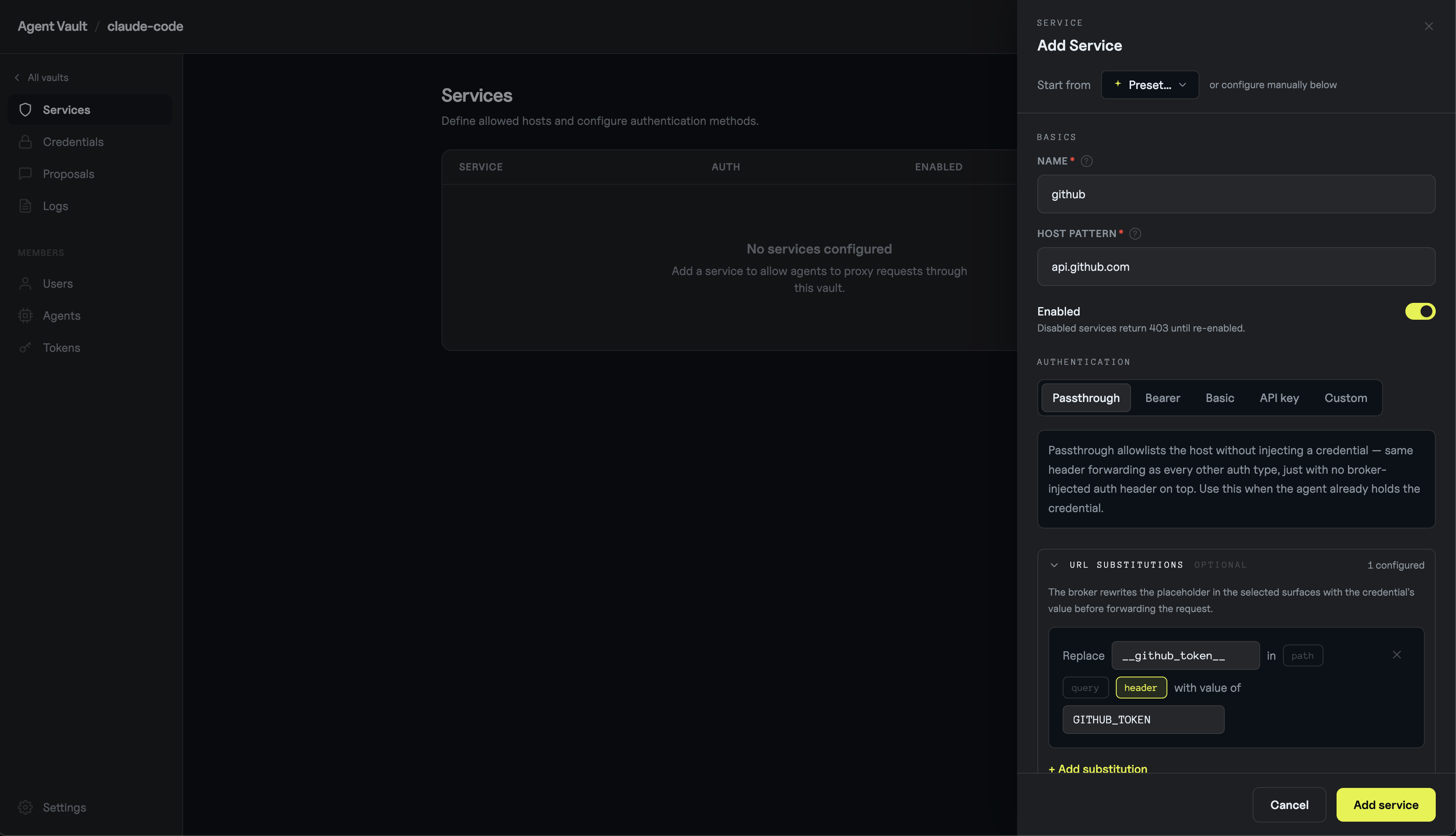 Add Service form with passthrough auth and GITHUB_TOKEN header substitution