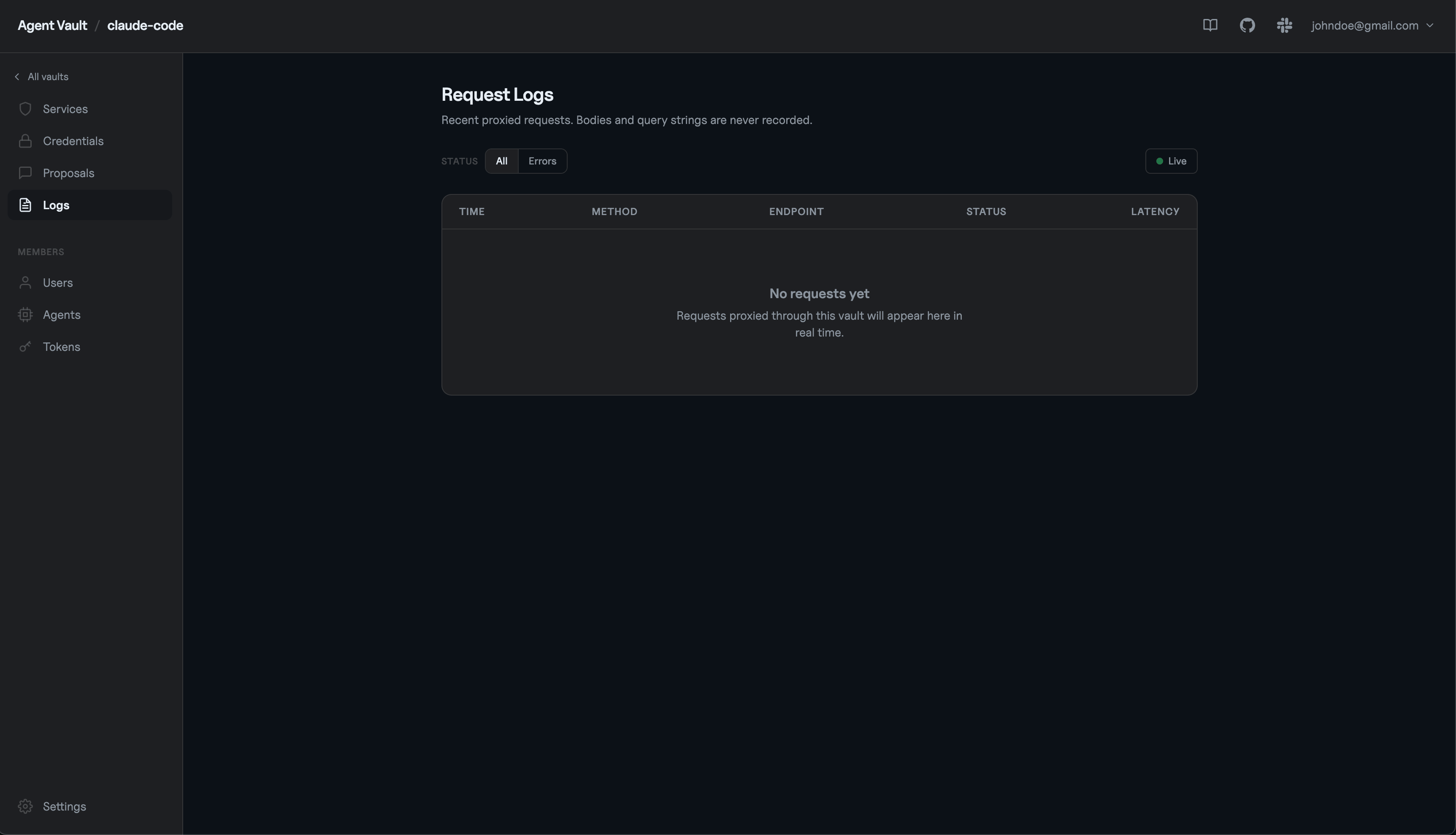 Request Logs tab in the claude-code vault