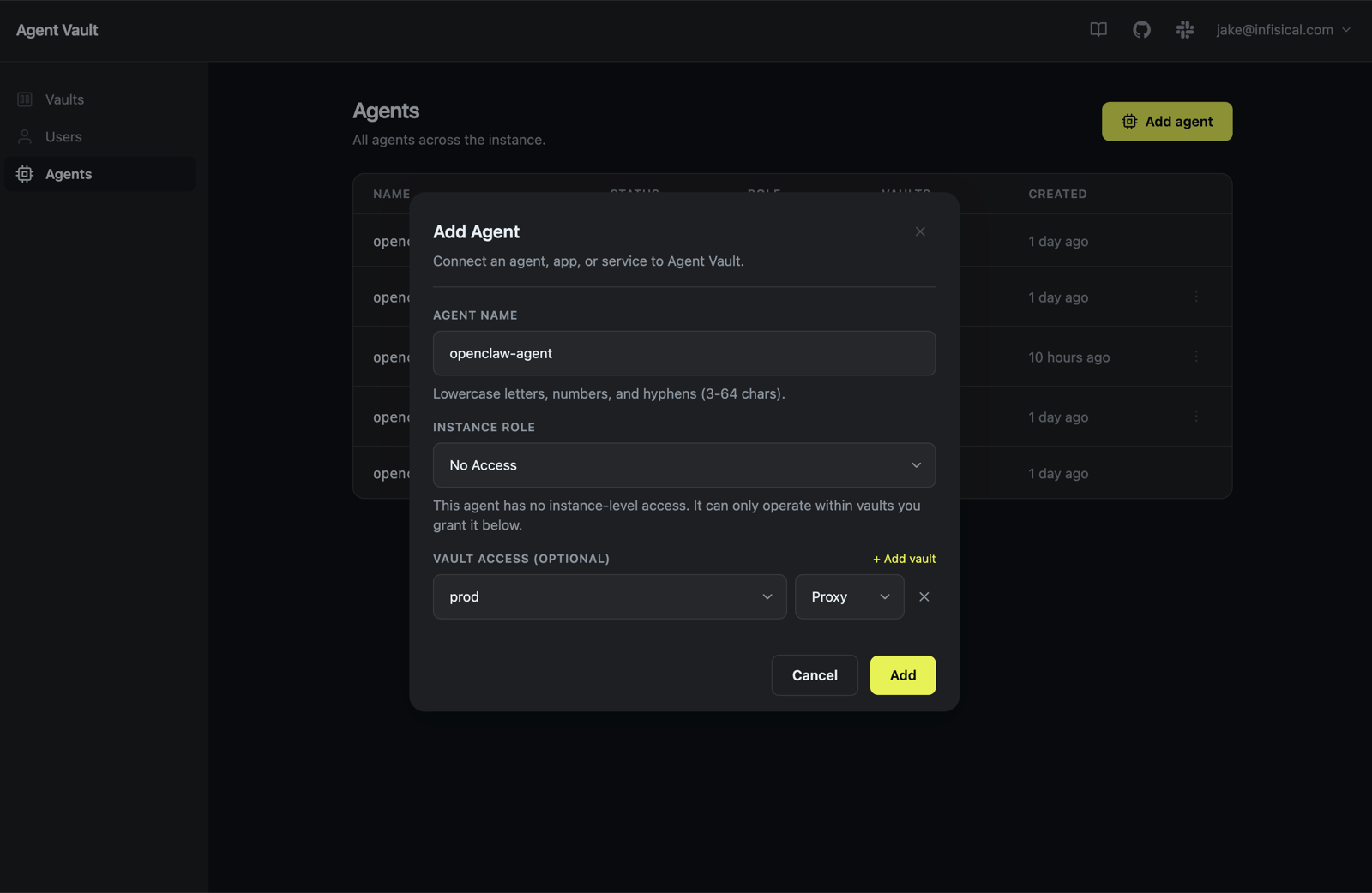 Add Agent modal with openclaw-box name and prod vault assignment