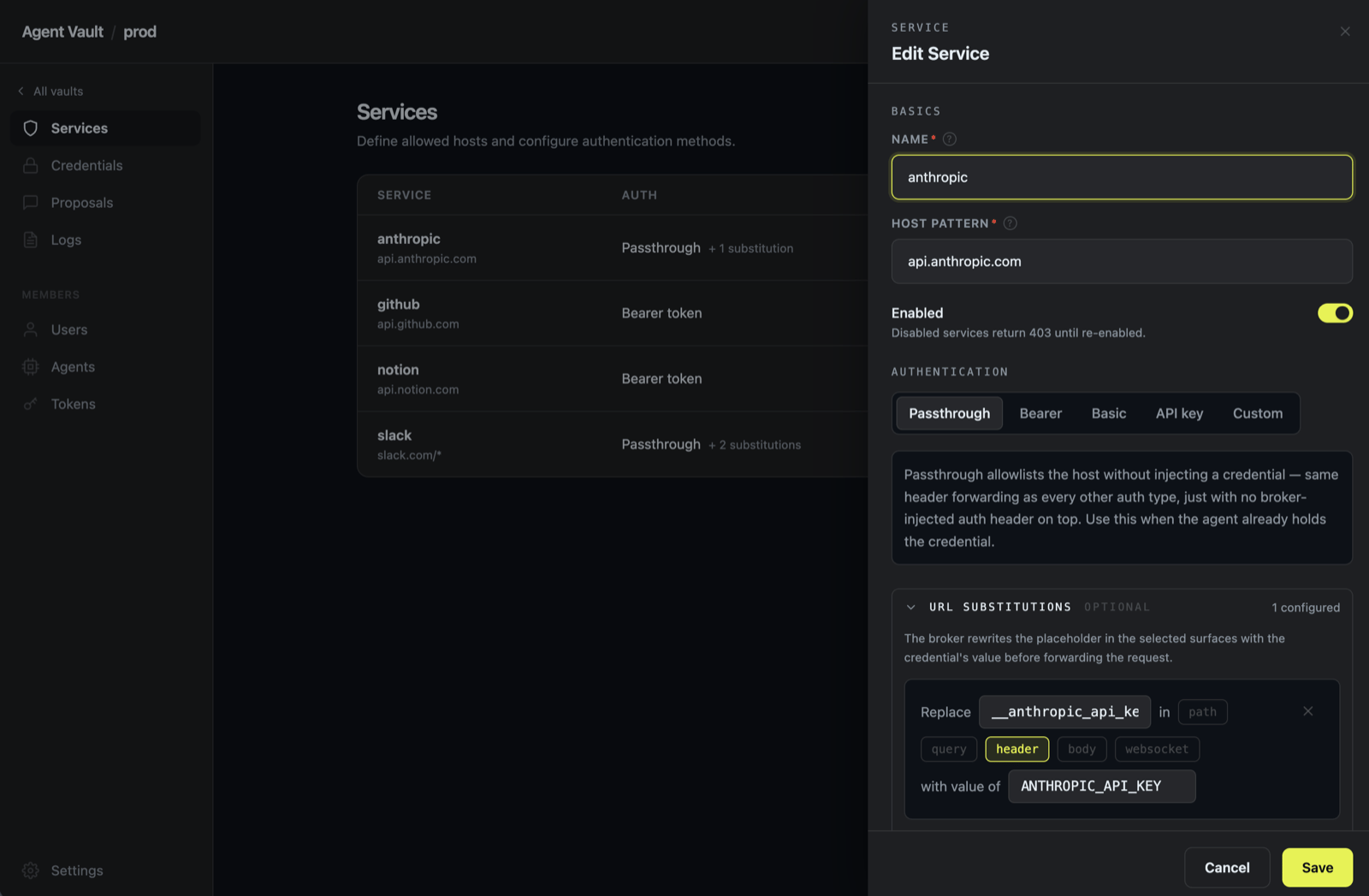 Anthropic service in Agent Vault with the Passthrough auth and URL substitution rule