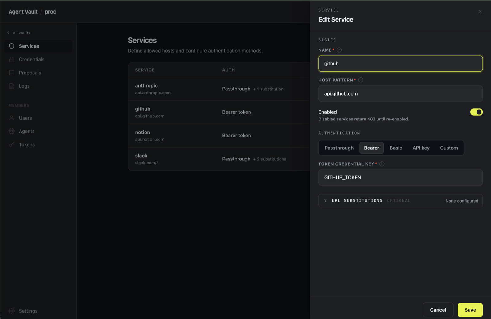GitHub service in Agent Vault with Bearer auth and the GITHUB_TOKEN credential key