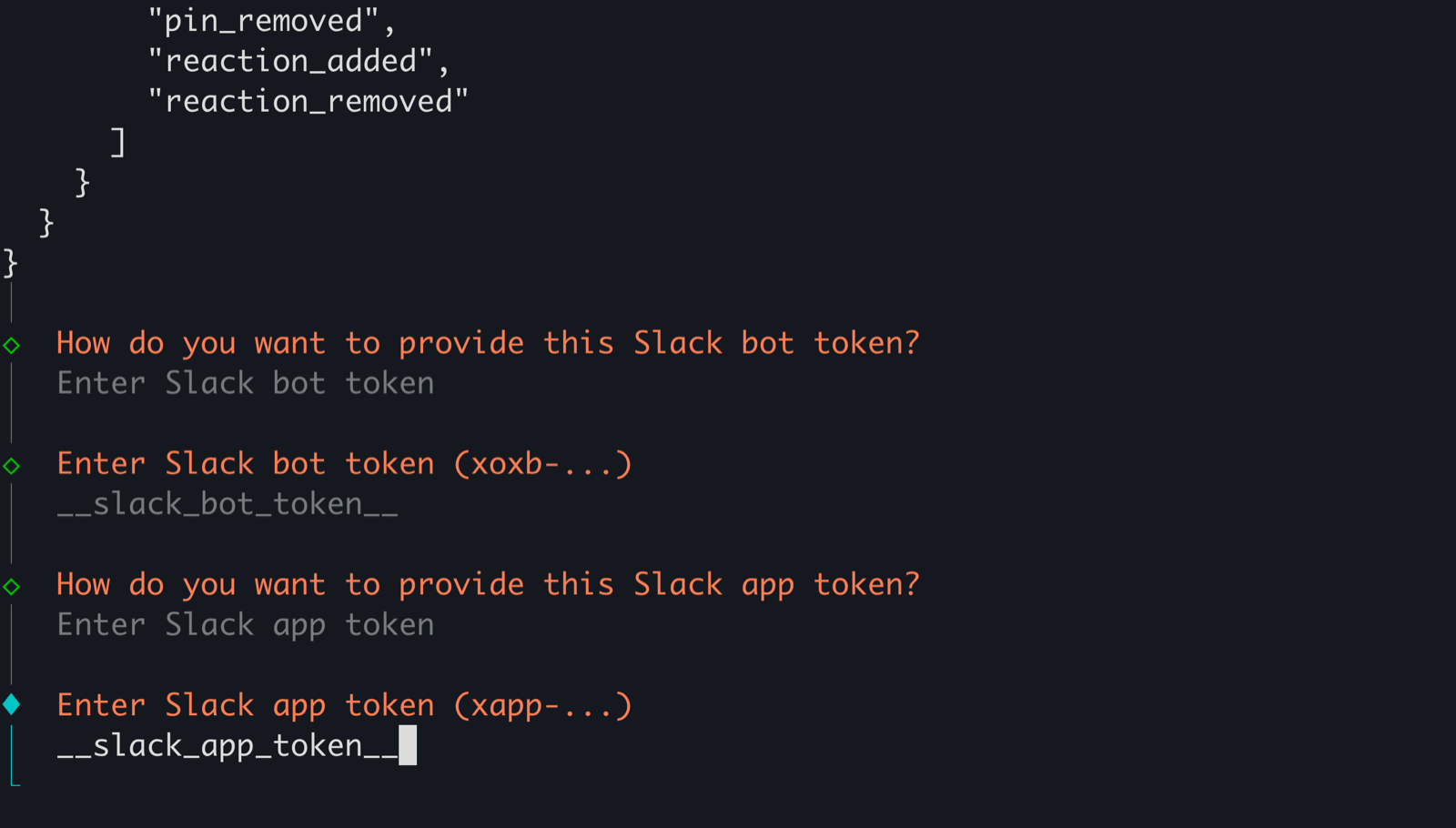 Slack app token prompt with the placeholder entered