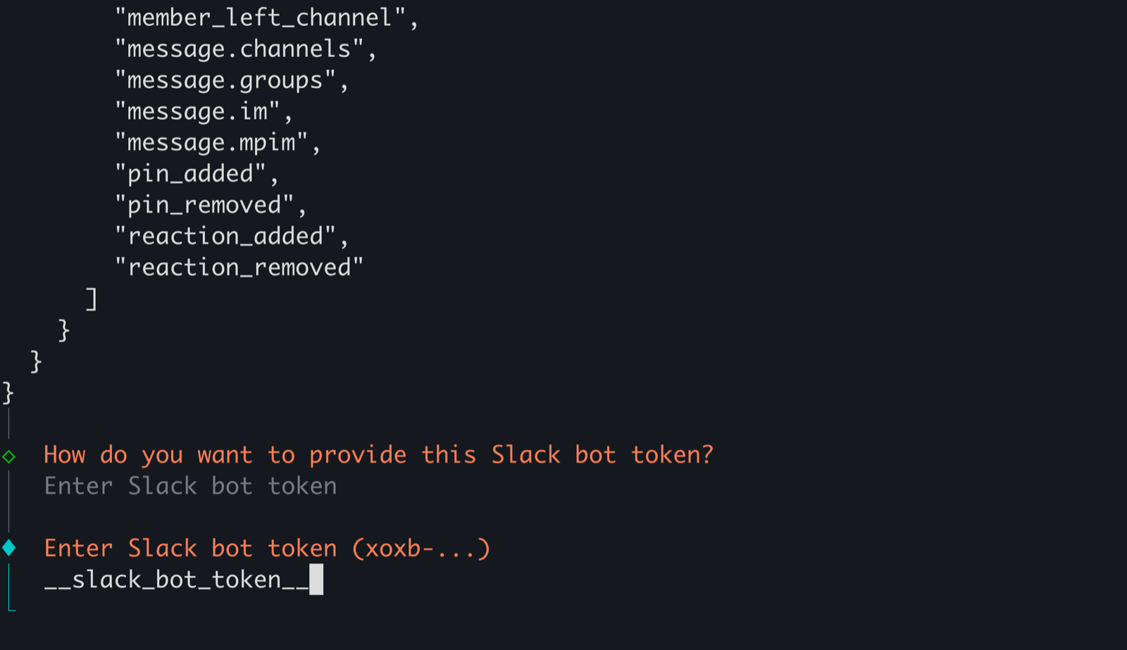 Slack bot token prompt with the placeholder entered