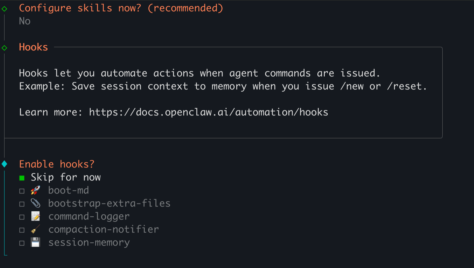 Hooks prompt with Skip for now selected