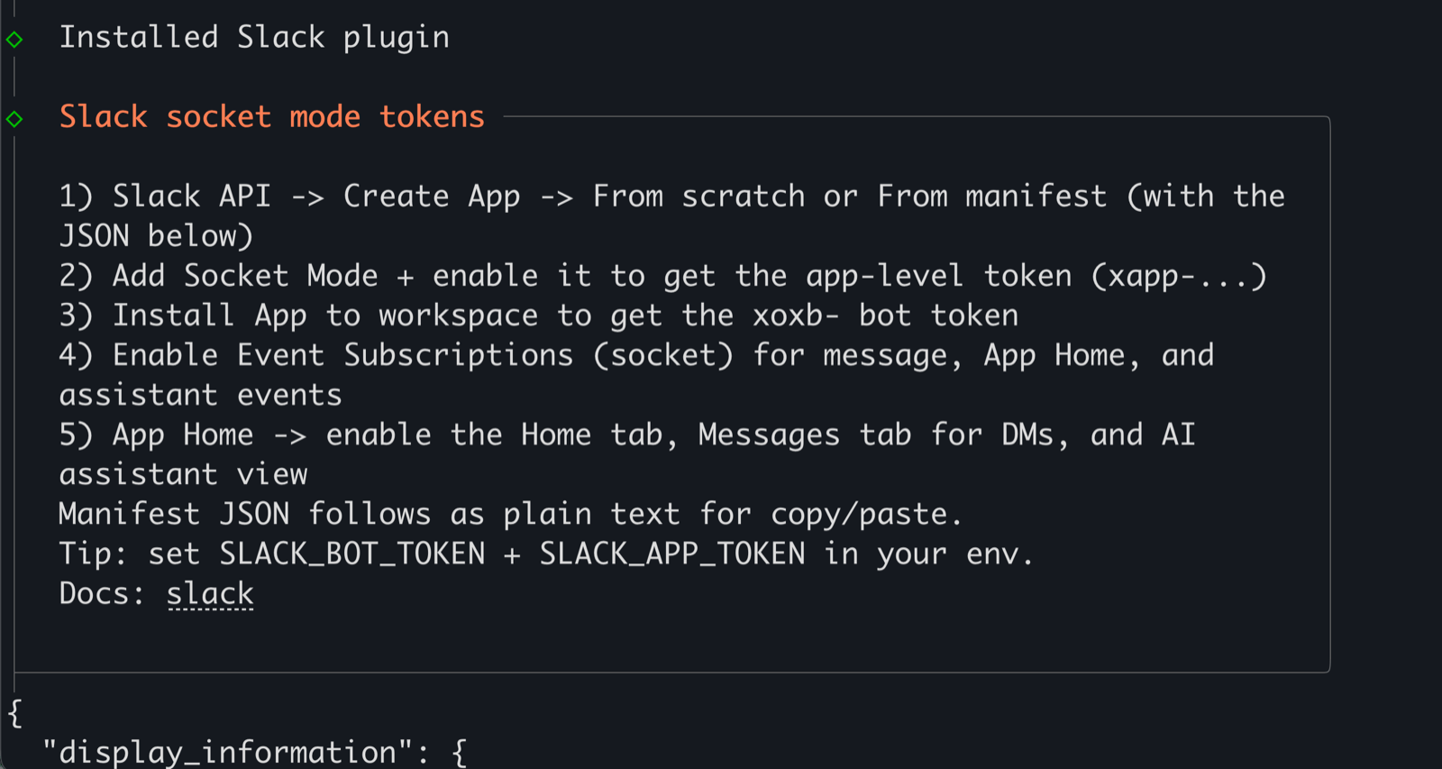 Slack manifest JSON block ready to copy