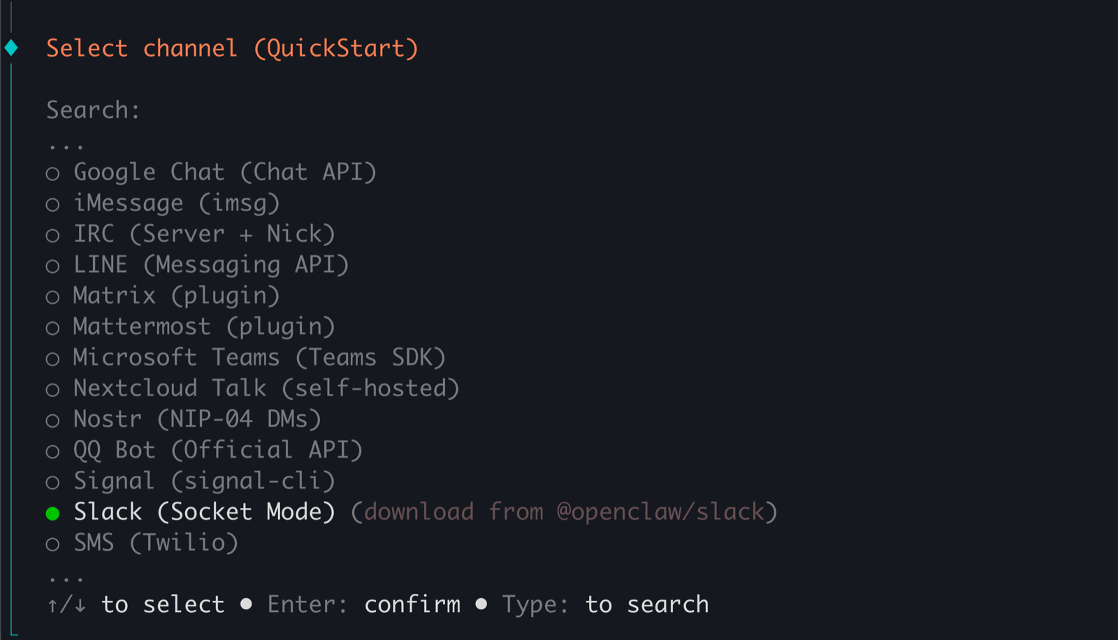 Messaging platform list with Slack (Socket Mode) selected