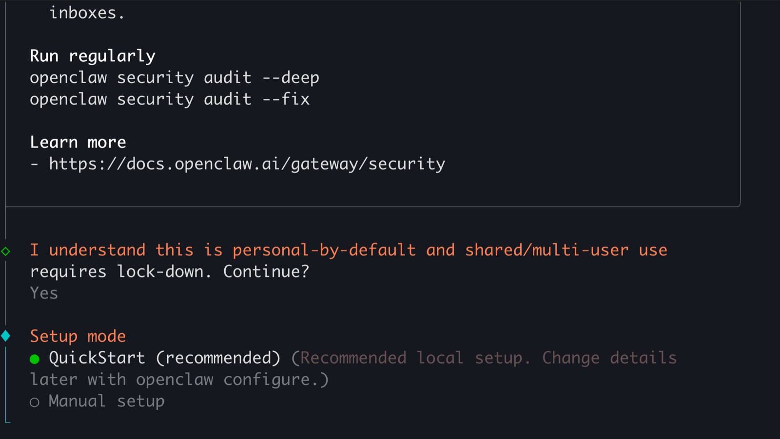 Quickstart setup mode selection