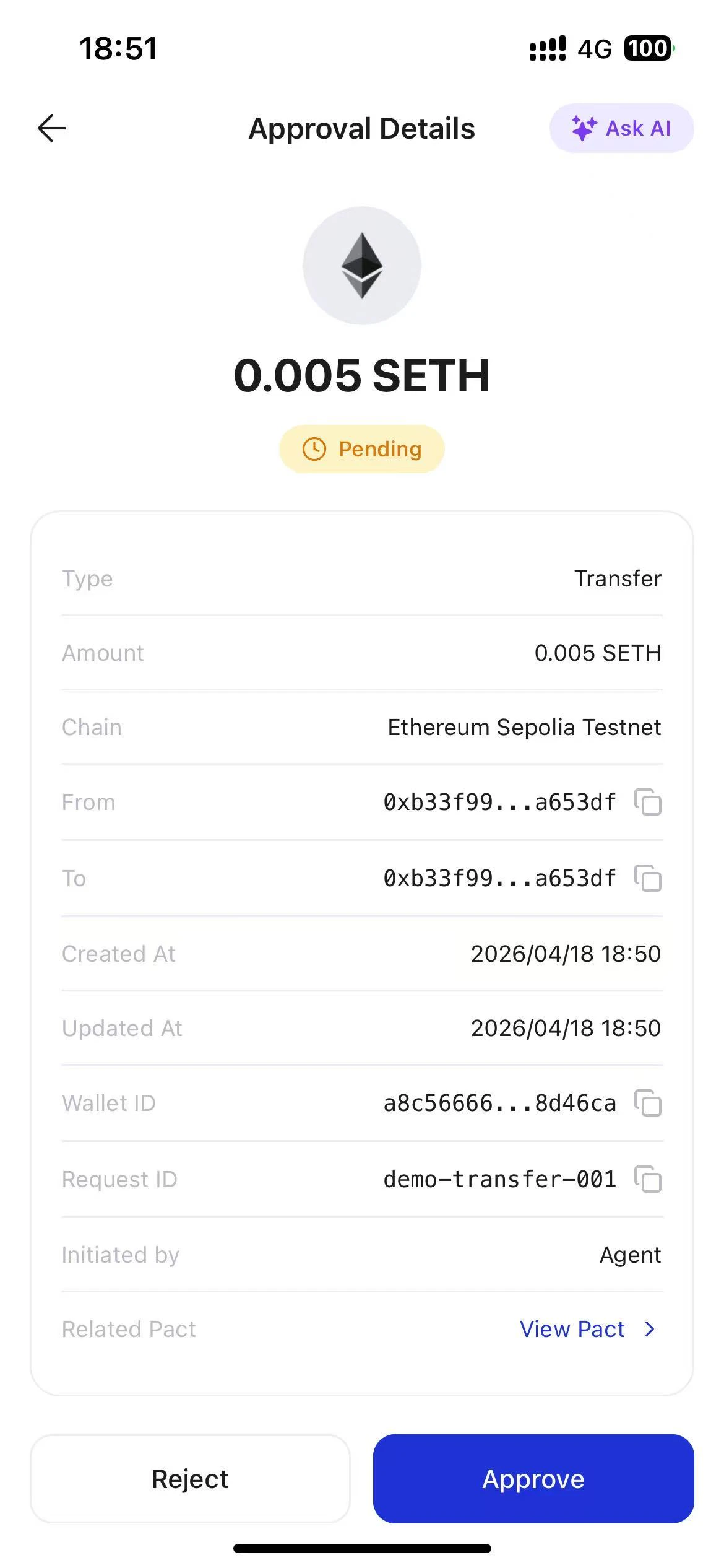 Approval Details screen showing a pending transfer with Reject and Approve options