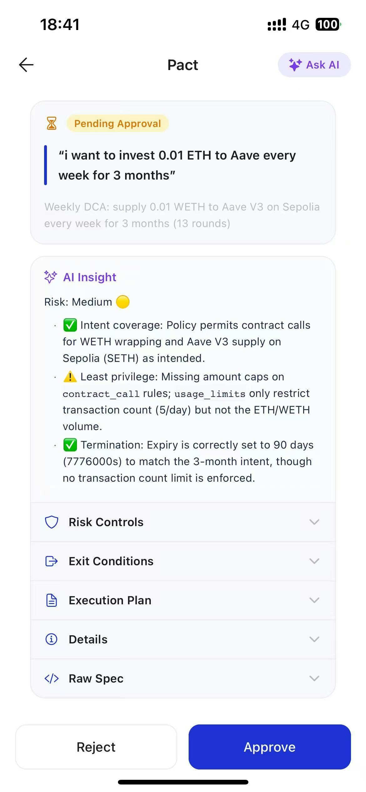 Pact detail showing execution plan, risk controls, and exit conditions