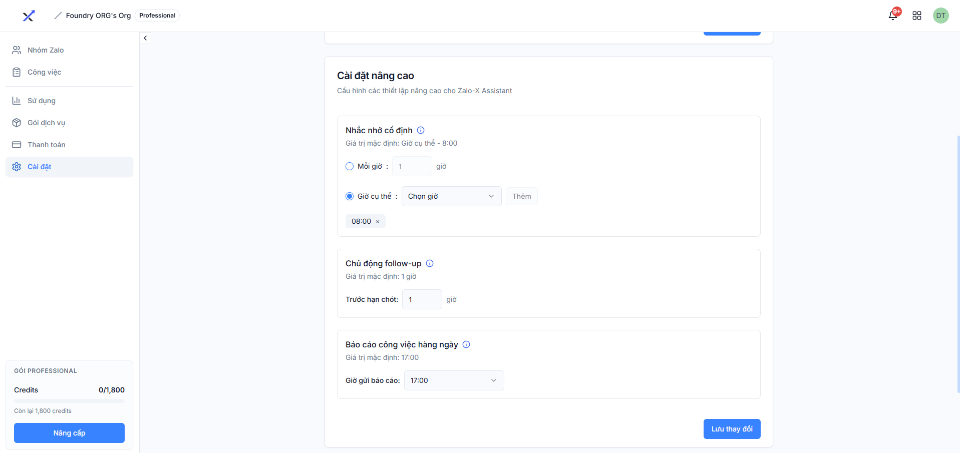 Cài đặt nhắc nhở Zalo-X Assistant