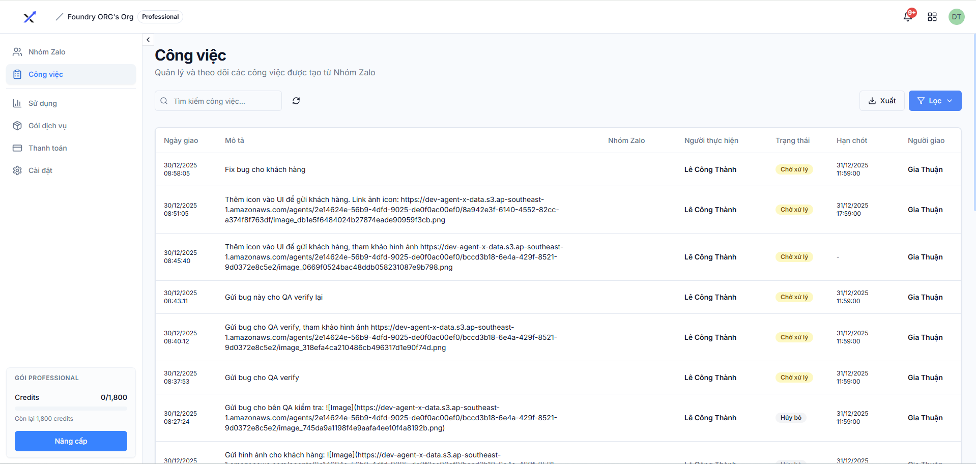 Giao diện quản lý công việc Zalo-X Assistant