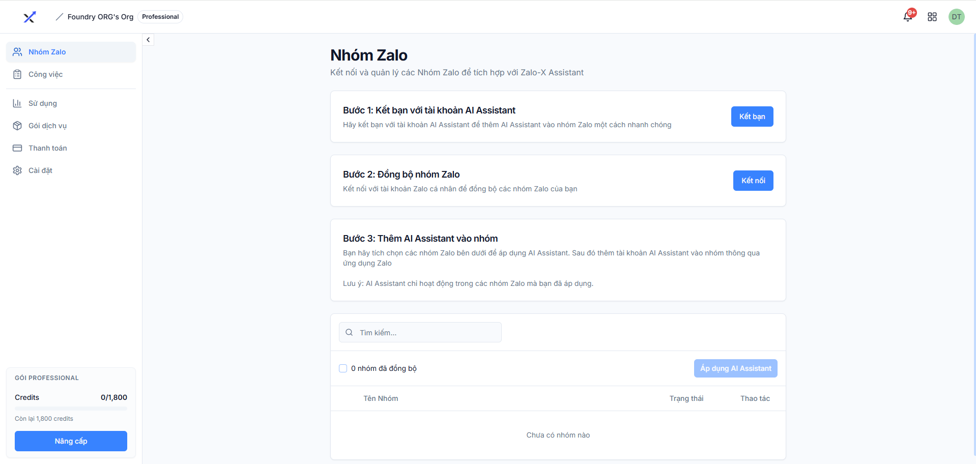 Trang tích hợp Zalo-X Assistant