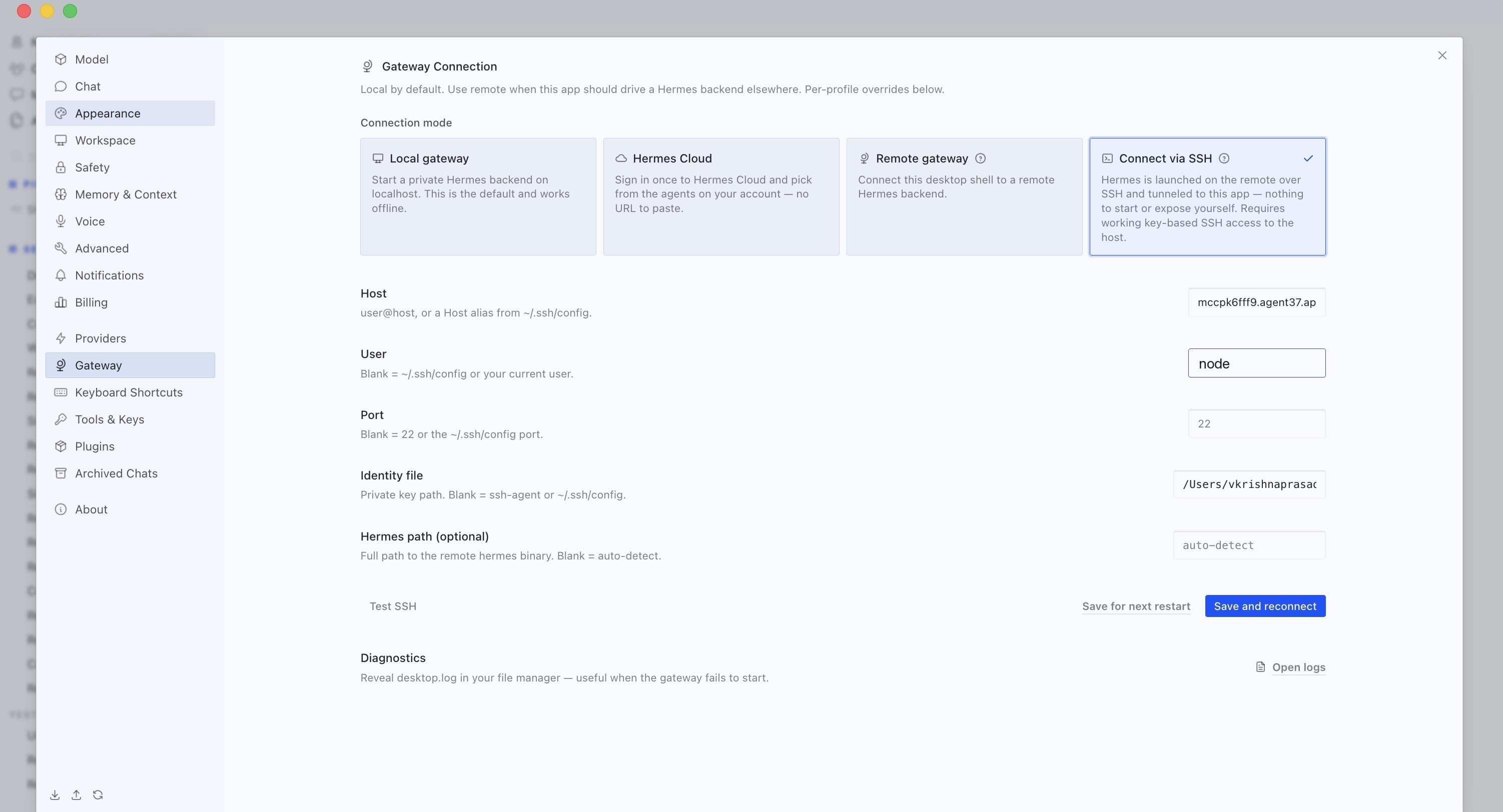Hermes Desktop's Gateway settings with the Connect via SSH mode selected