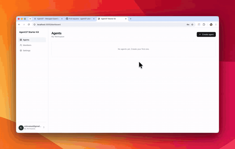 The Agent37 Starter Kit dashboard and per-agent workspace