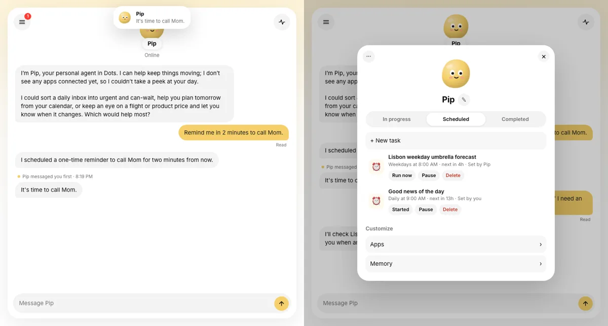 The dots example app: a chat where the agent messages the user first, and its Scheduled tasks panel