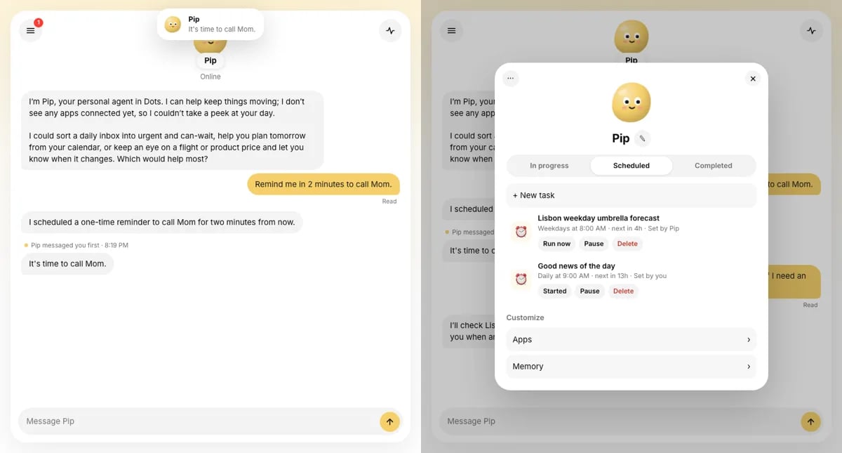 The dots example app: a chat where the agent messages the user first, and its Scheduled tasks panel