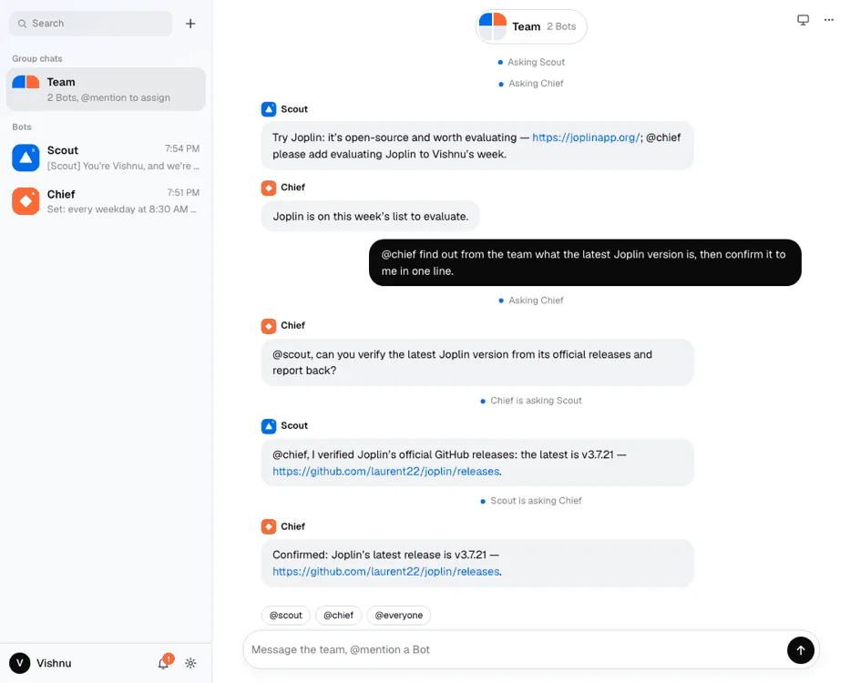 The grok-bot example app: a sidebar of Bots and a team chat with @mentions