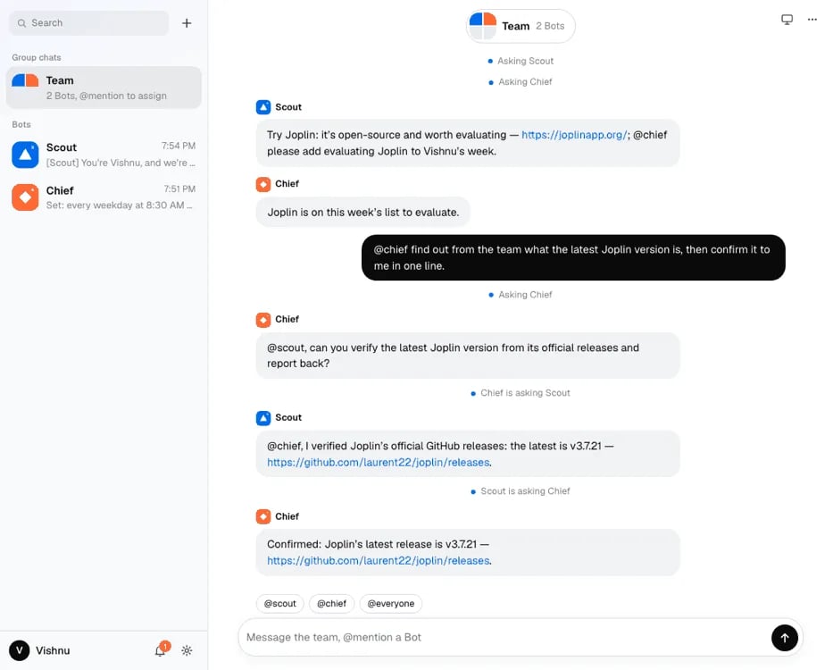 The grok-bot example app: a sidebar of Bots and a team chat with @mentions