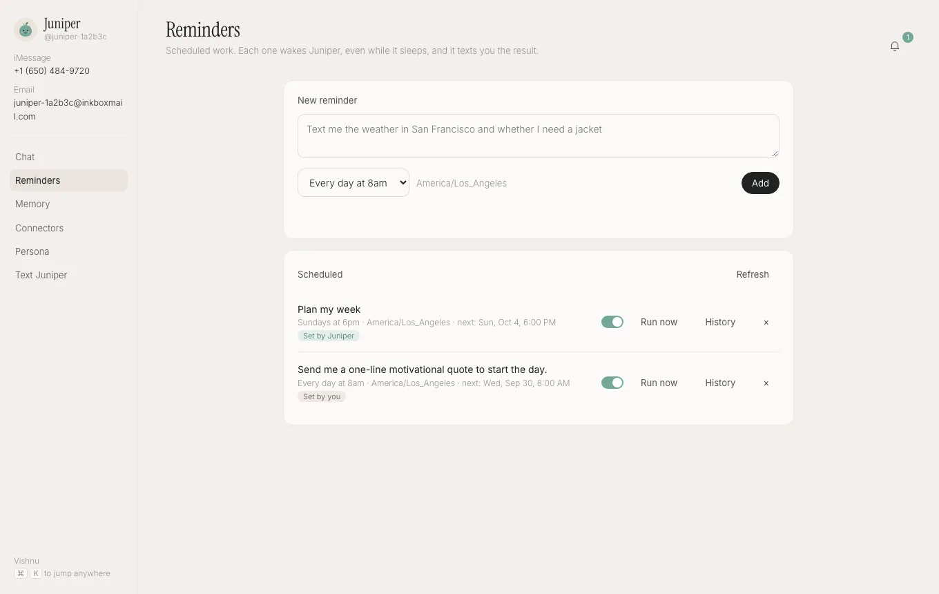 The instinct example app: a warm-paper workspace showing the Reminders page