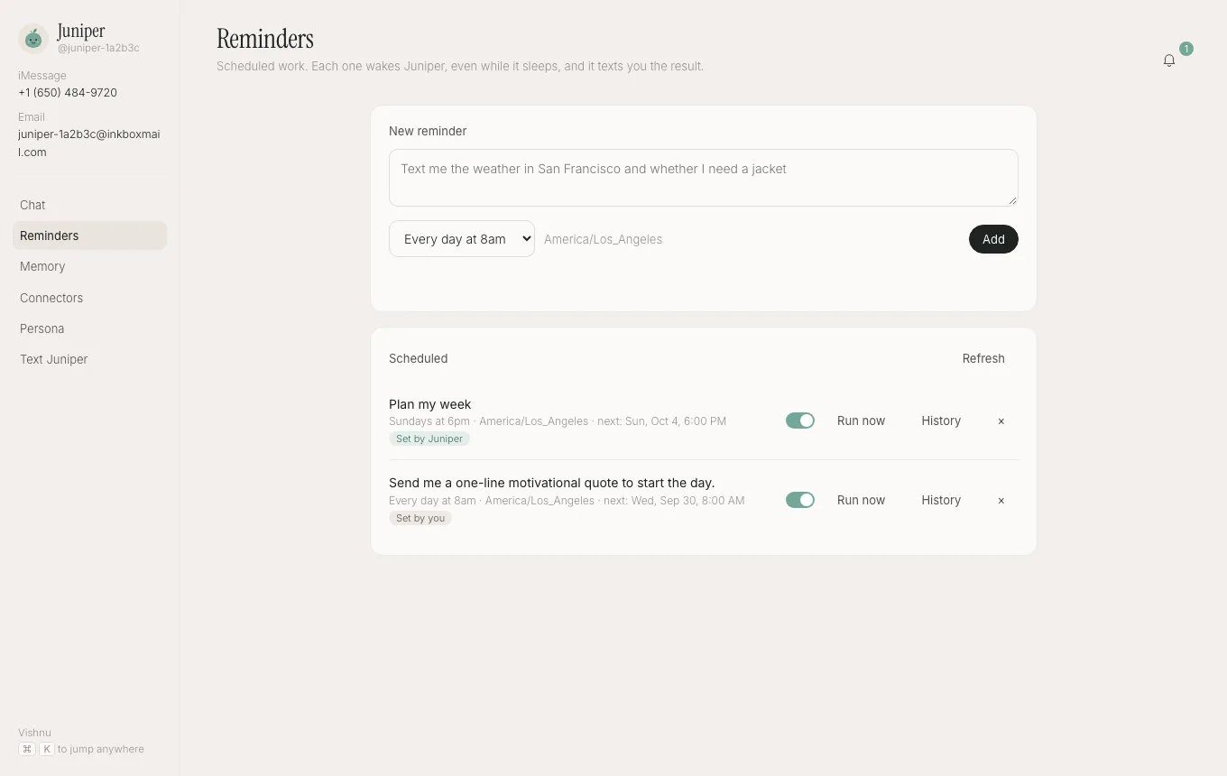 The instinct example app: a warm-paper workspace showing the Reminders page