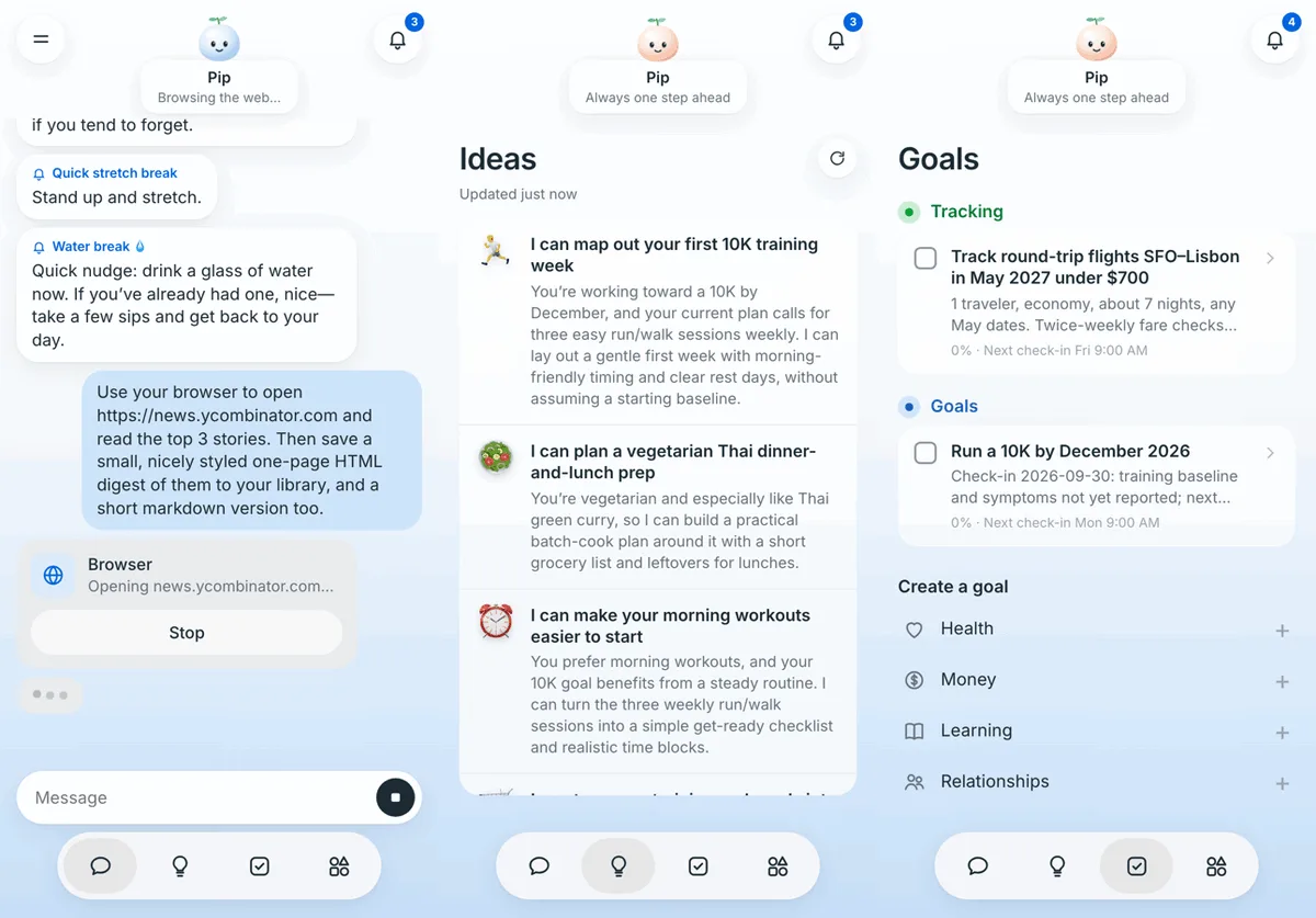 The muse example app: three phone screens showing chat, Ideas, and Goals