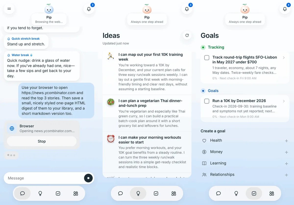 The muse example app: three phone screens showing chat, Ideas, and Goals