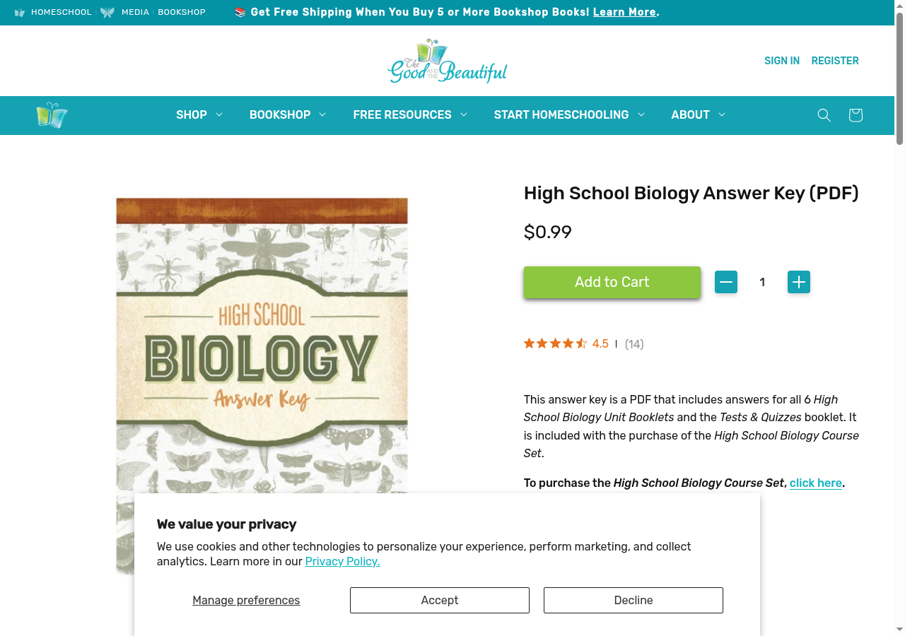 The product page in the Kernel browser: High School Biology Answer Key (PDF), 99 cents, Add to Cart