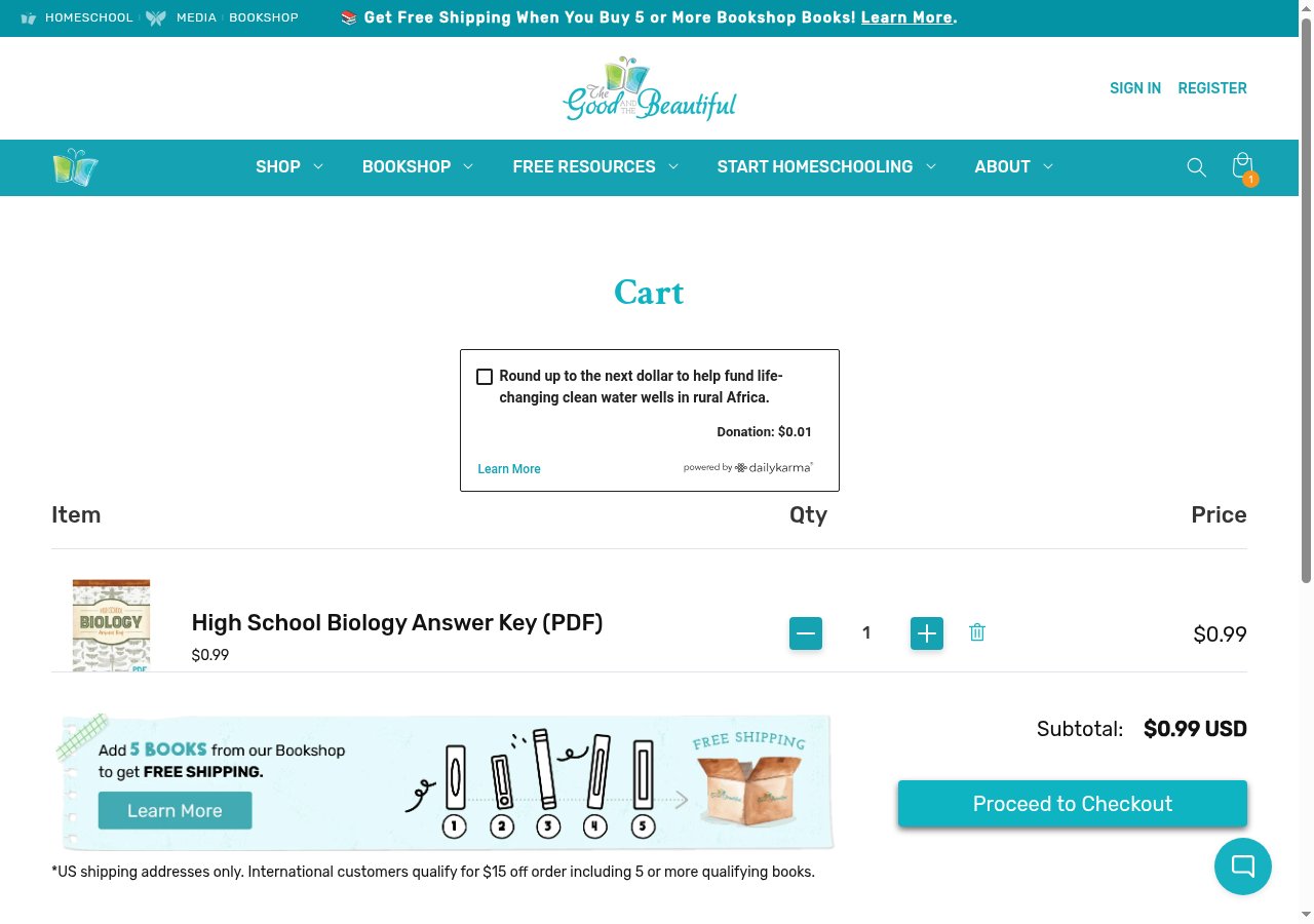 The cart: one item, 99 cents, with the store's cookie notice over the checkout button