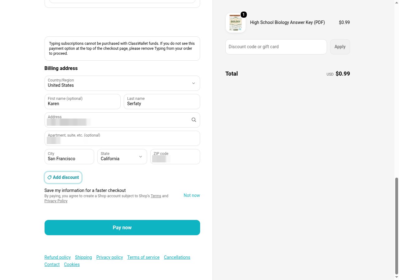 The checkout filled in: email, credit card selected, billing address, and the order summary with the total