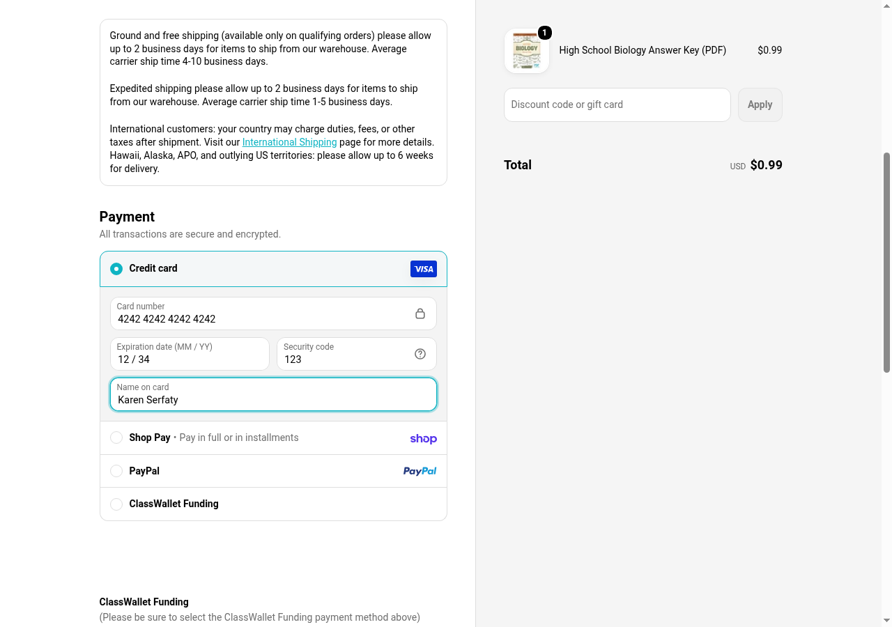 Shopify's card fields filled with the placeholder card, Pay now below